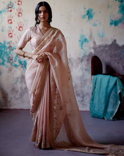 Soft Peach Jaal Embroidered Sari With Blouse