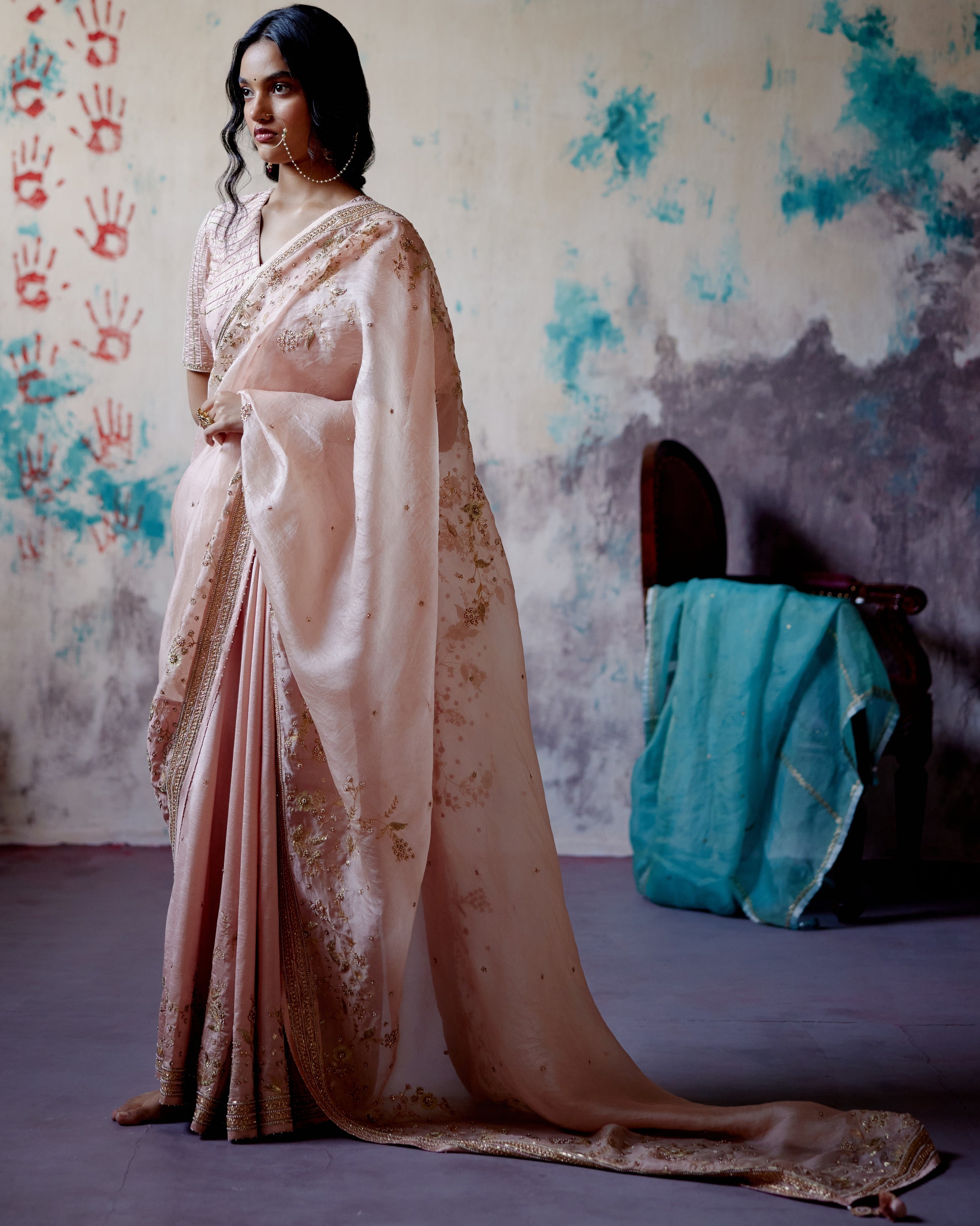 Soft Peach Jaal Embroidered Sari With Blouse