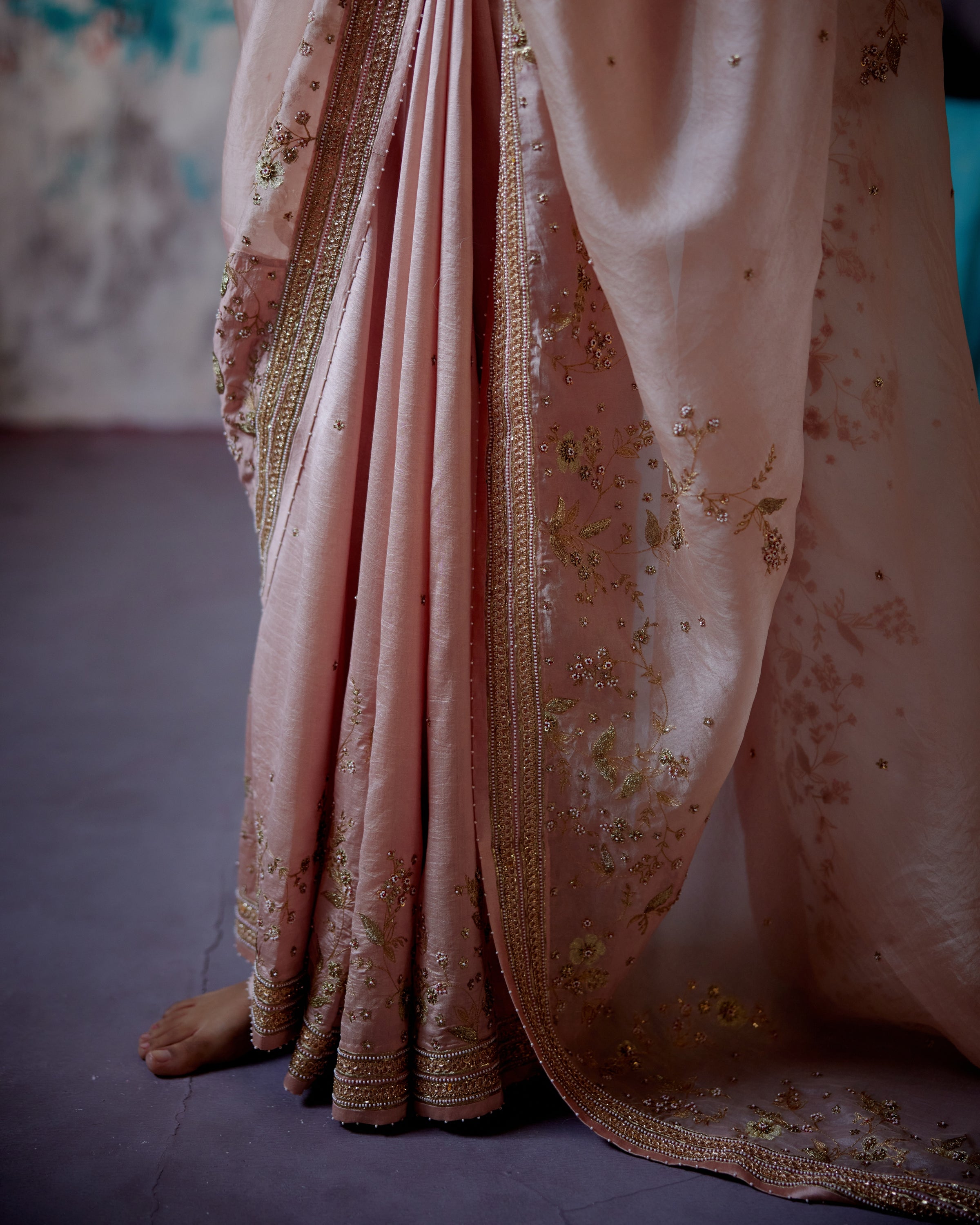 Soft Peach Jaal Embroidered Sari With Blouse