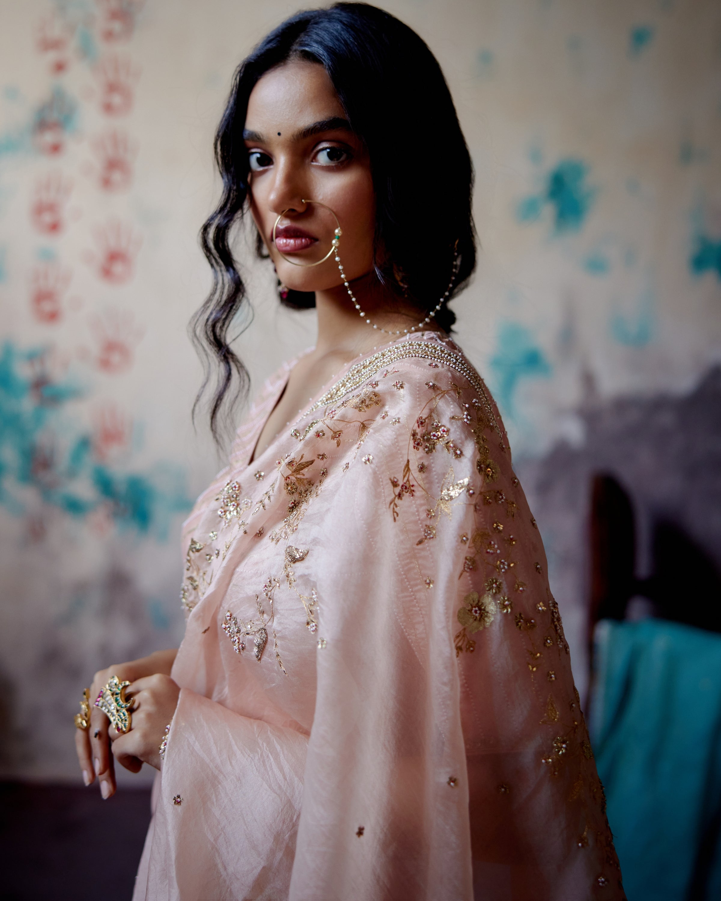 Soft Peach Jaal Embroidered Sari With Blouse