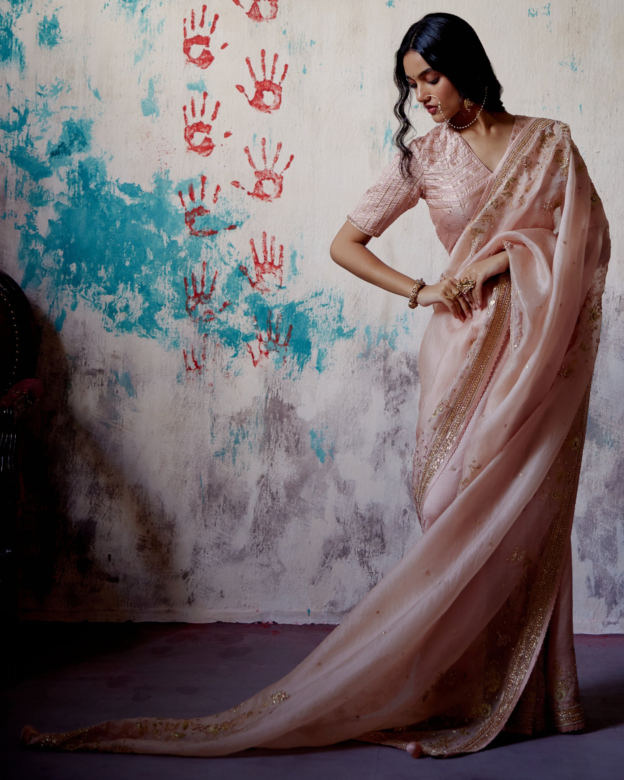 Soft Peach Jaal Embroidered Sari With Blouse