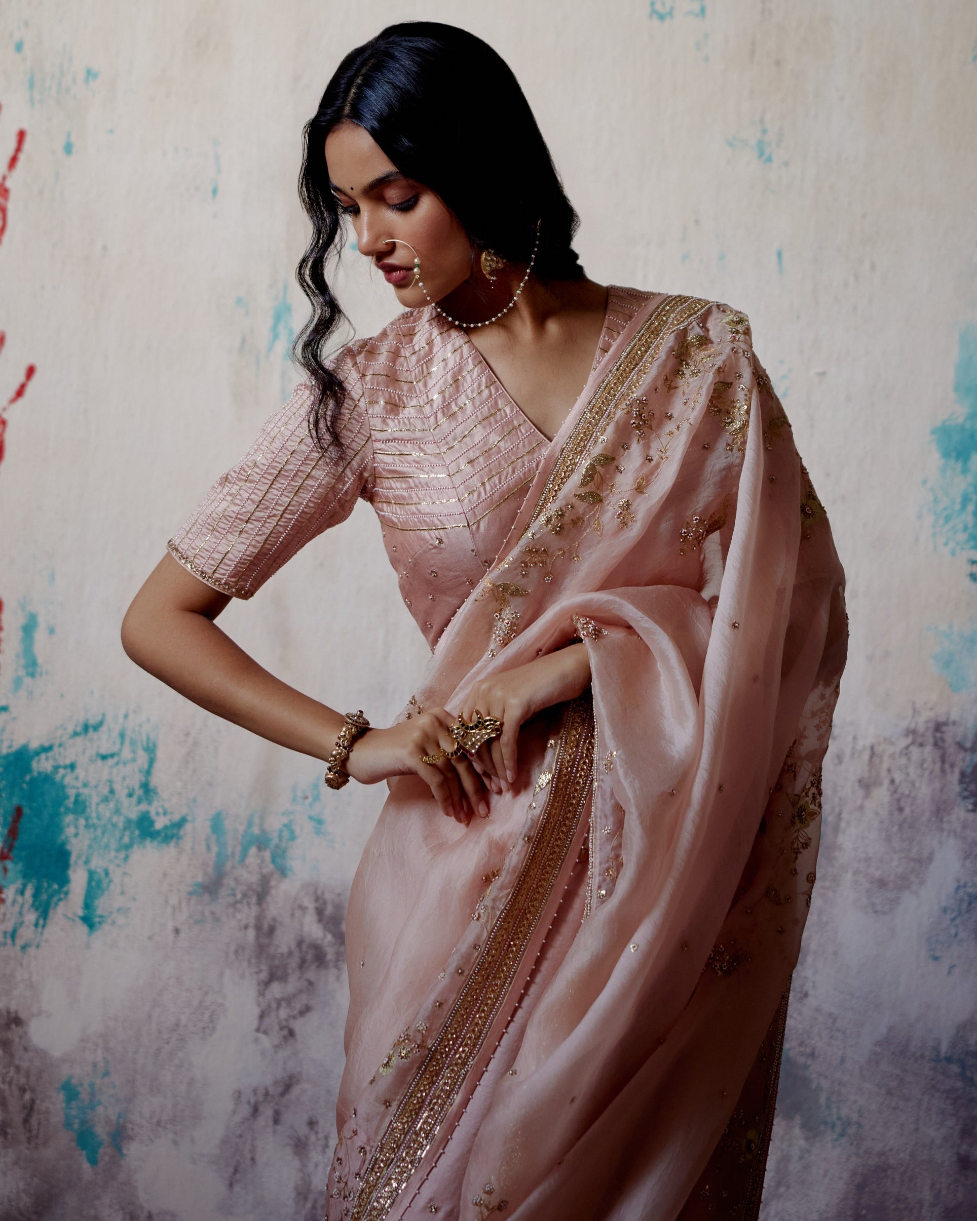 Soft Peach Jaal Embroidered Sari With Blouse