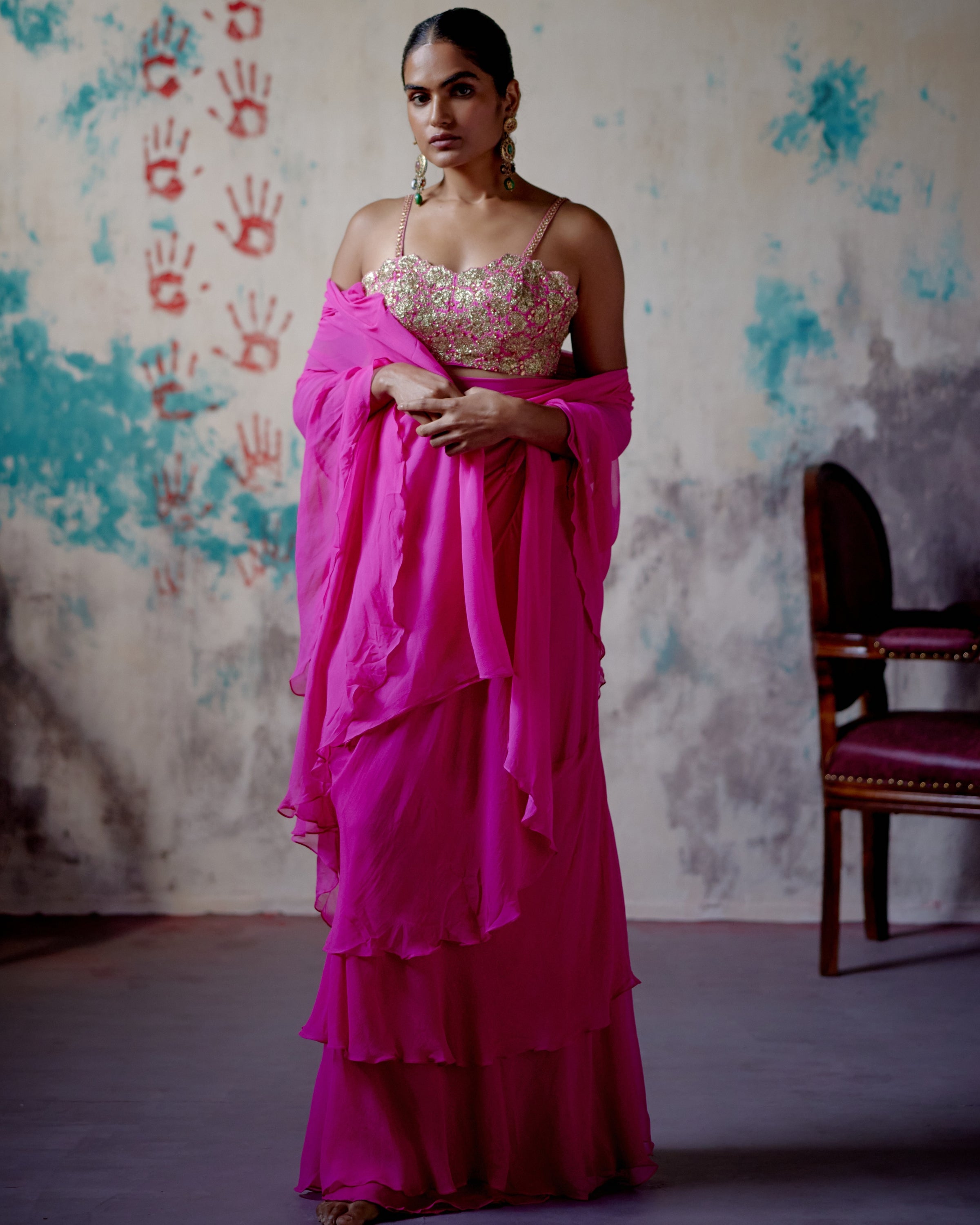 Fuchsia Pink Draped Sari With Bralet Blouse