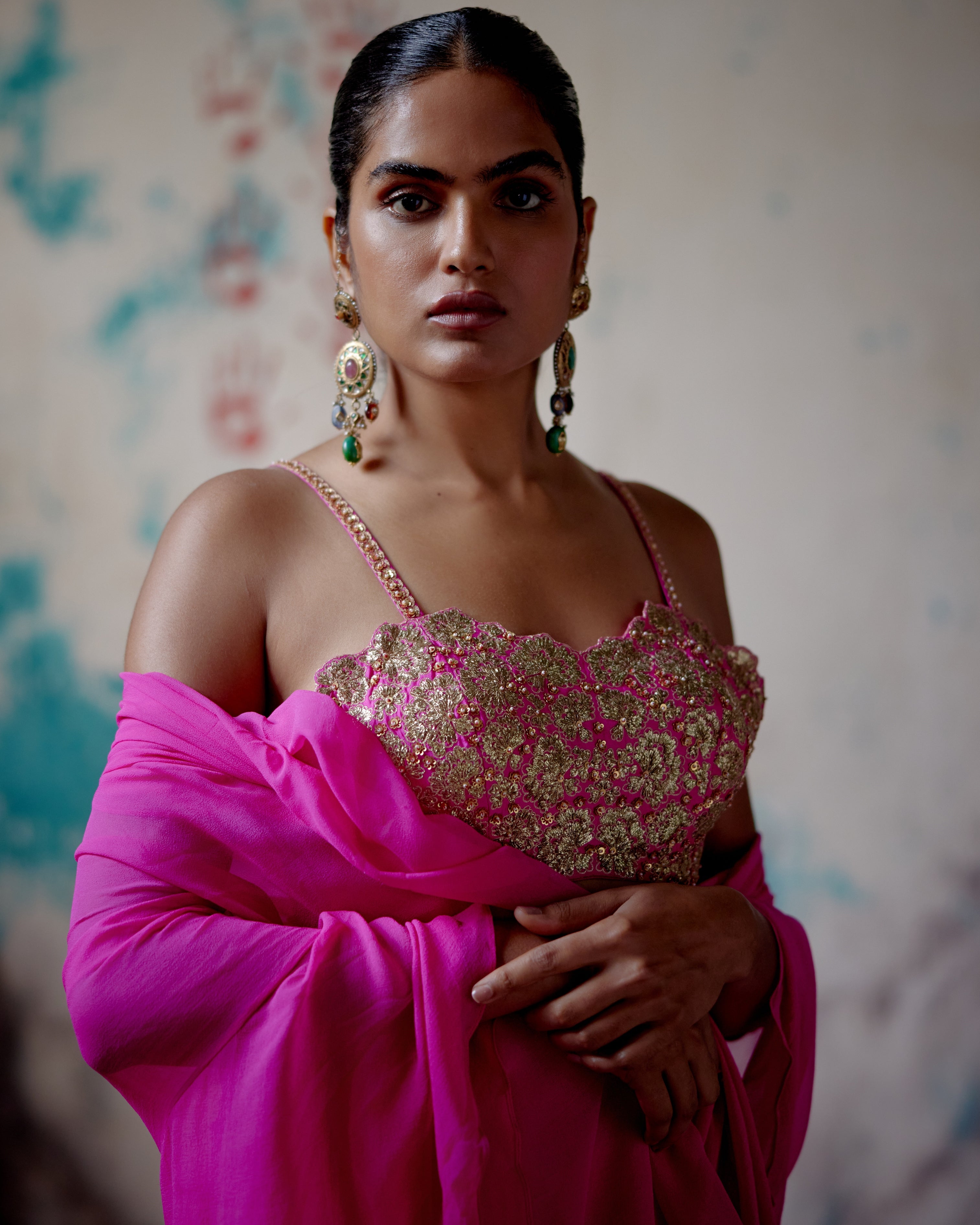 Fuchsia Pink Draped Sari With Bralet Blouse
