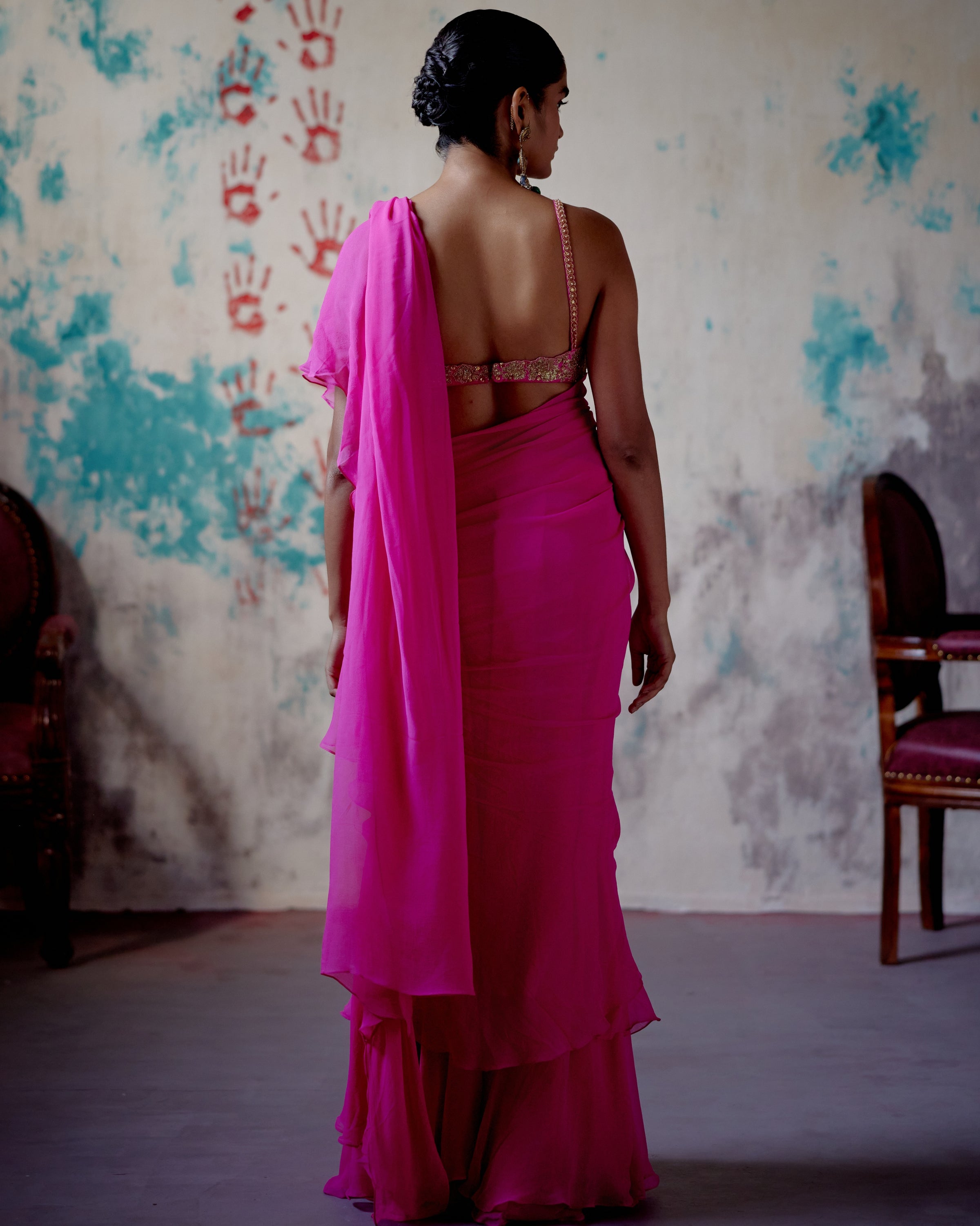 Fuchsia Pink Draped Sari With Bralet Blouse