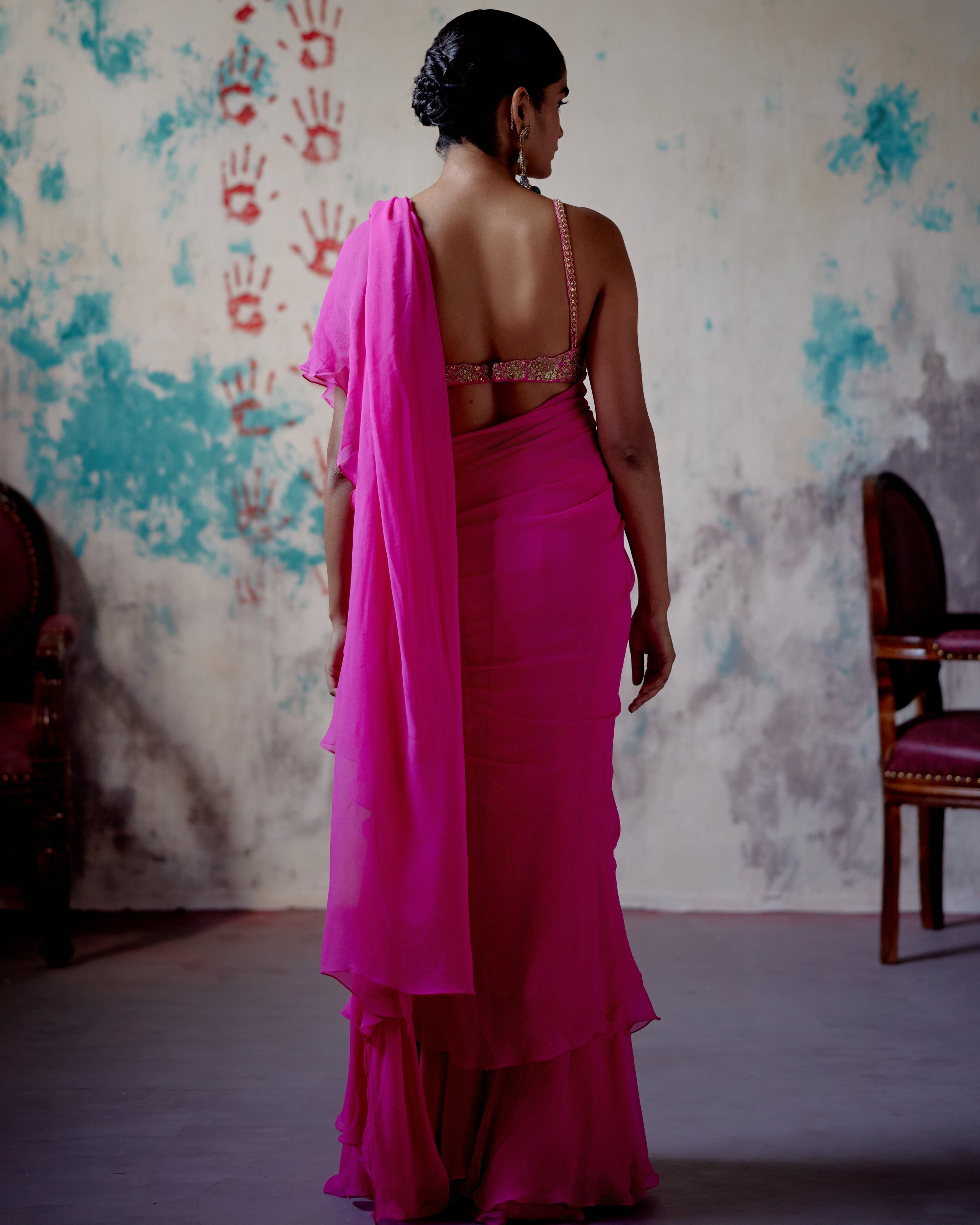 Fuchsia Pink Draped Sari With Bralet Blouse