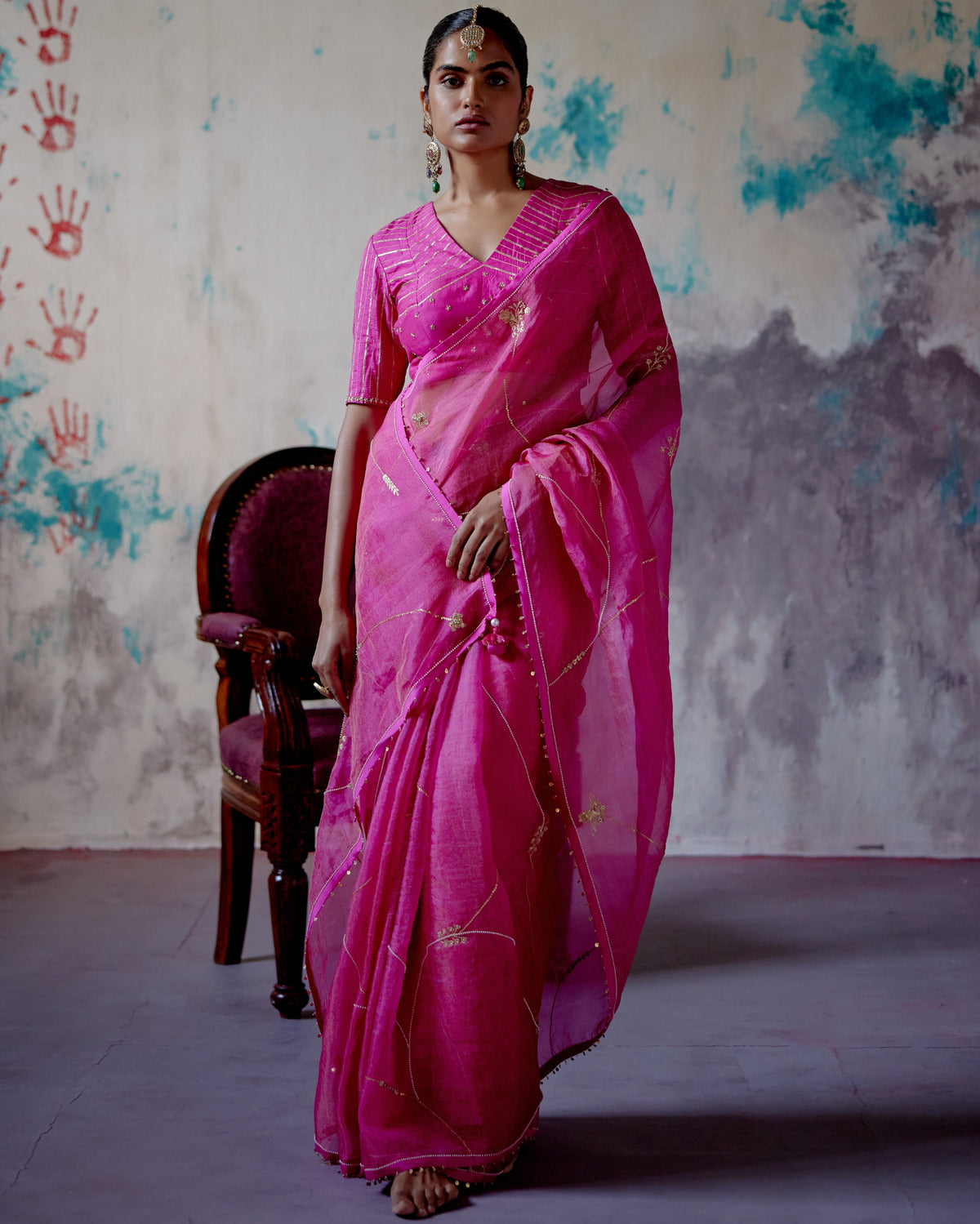 Fuchsia Pink Zari Organza Sari With Blouse