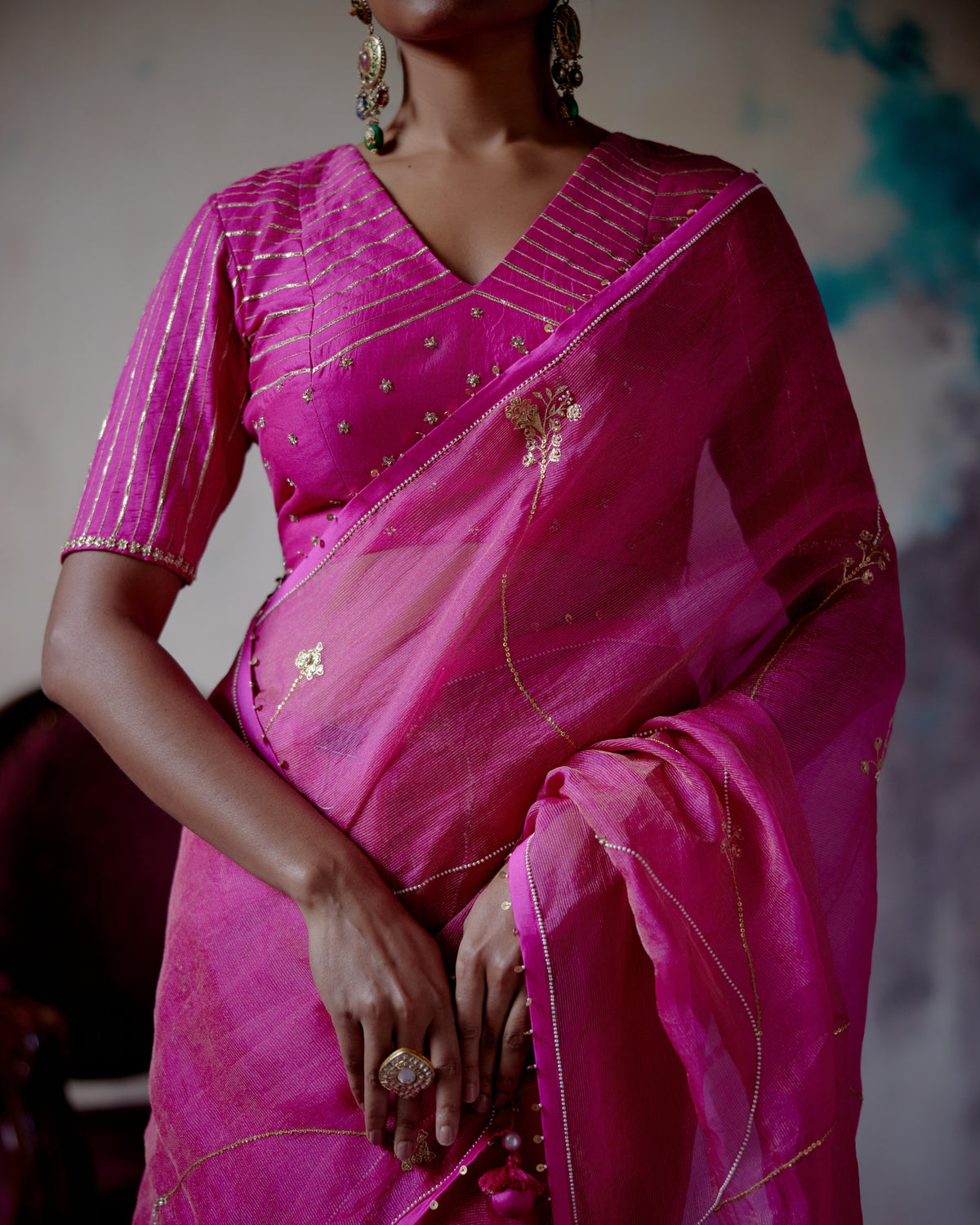 Fuchsia Pink Zari Organza Sari With Blouse