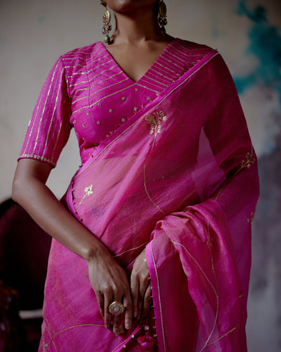 Fuchsia Pink Zari Organza Sari With Blouse