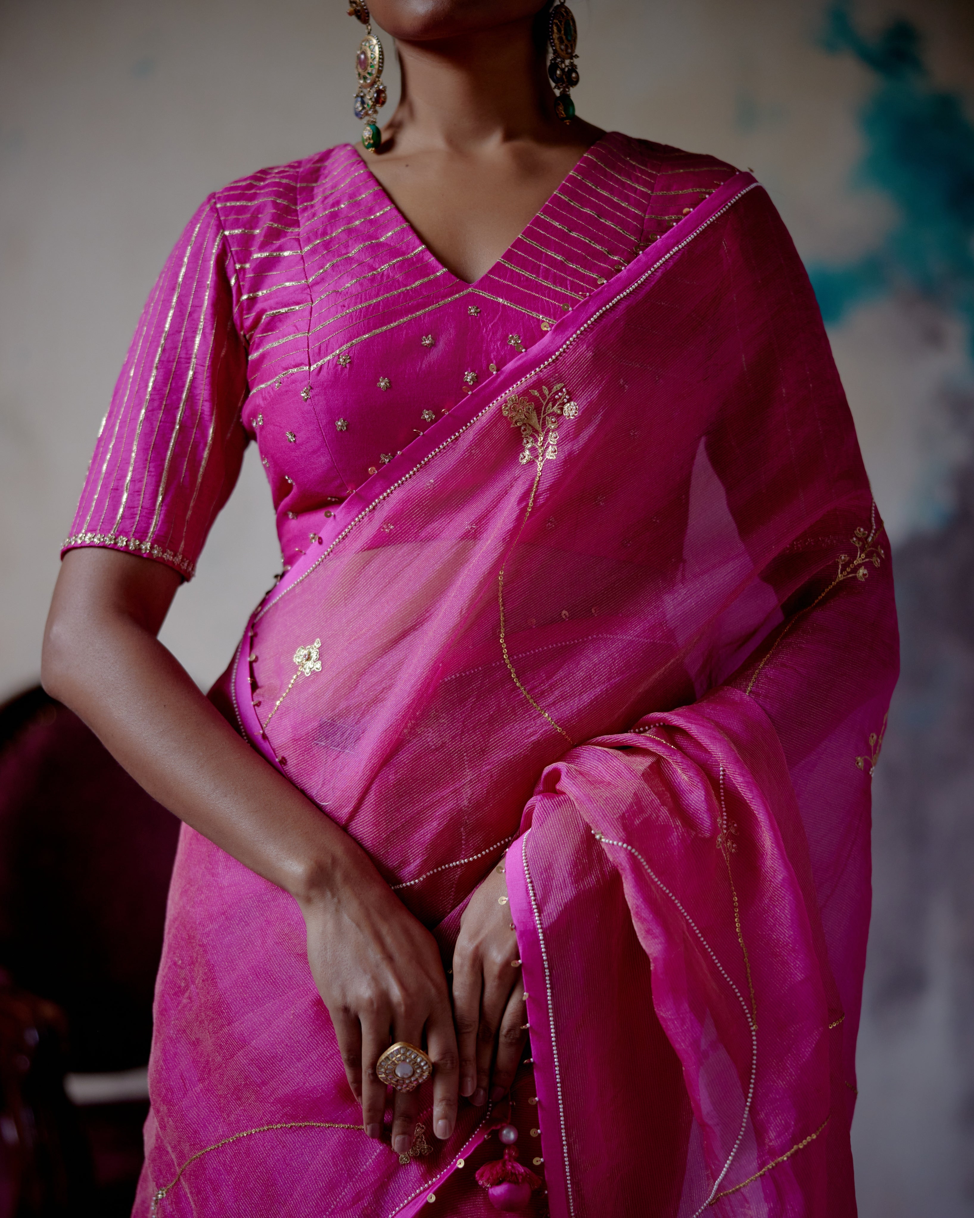 Fuchsia Pink Zari Organza Sari With Blouse