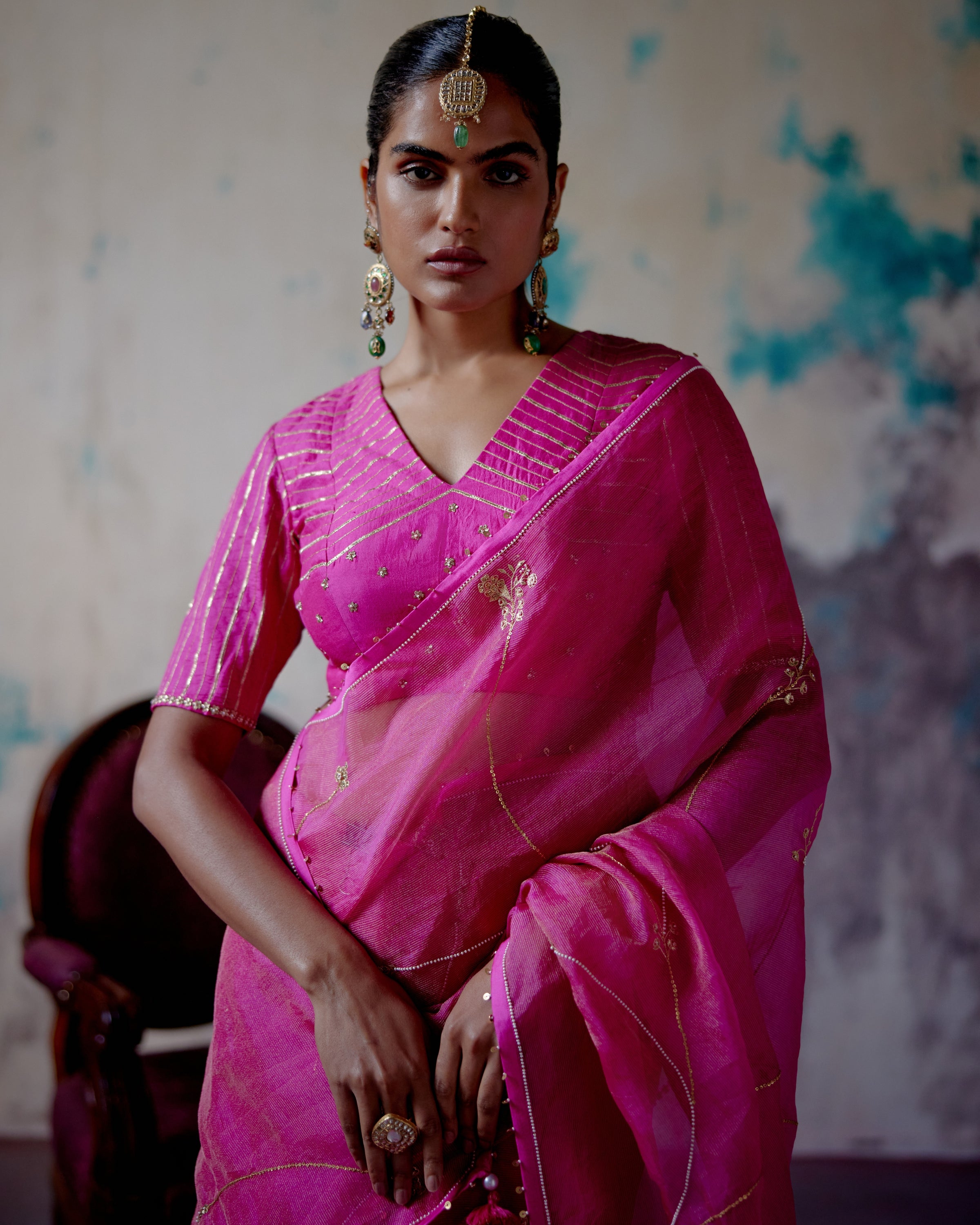 Fuchsia Pink Zari Organza Sari With Blouse