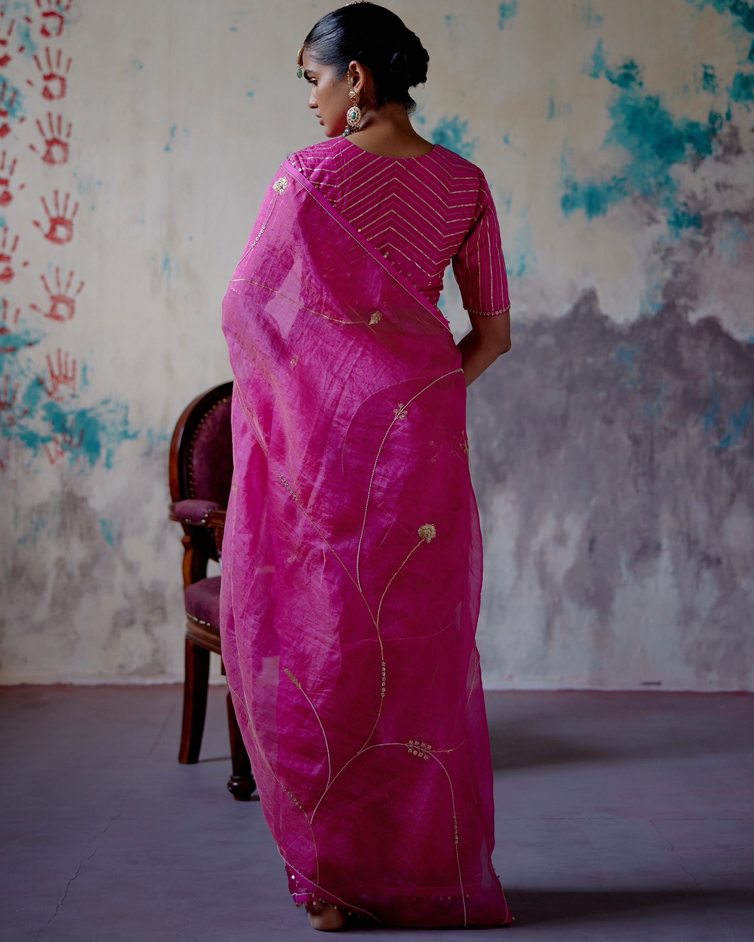 Fuchsia Pink Zari Organza Sari With Blouse
