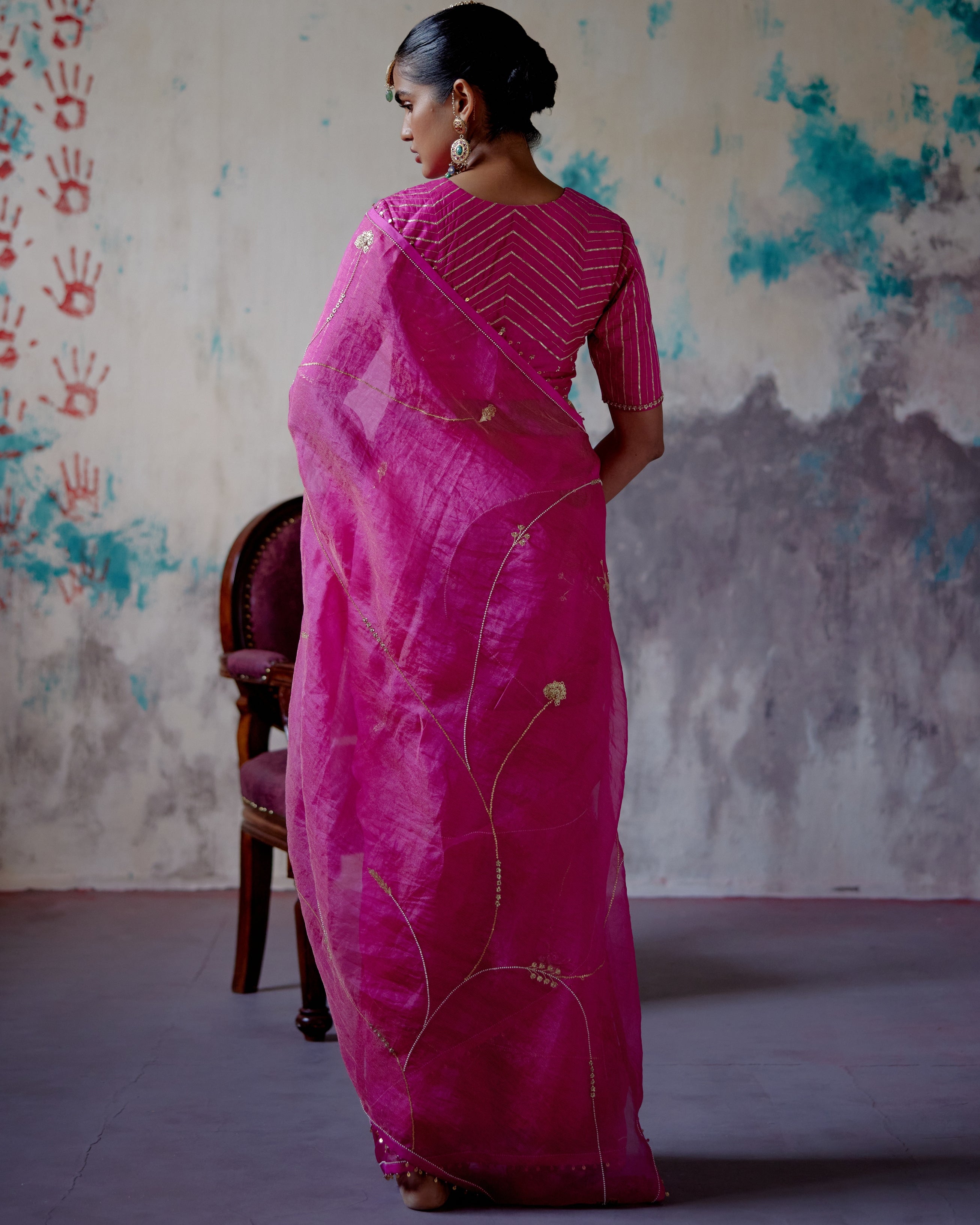Fuchsia Pink Zari Organza Sari With Blouse