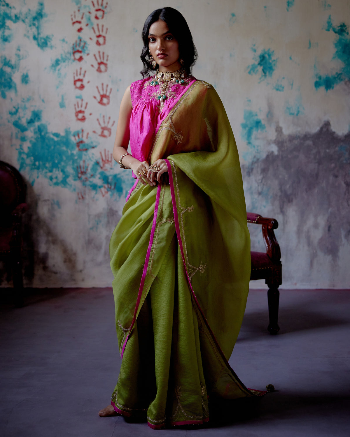 Olive Half N Half Sari With Long Blouse
