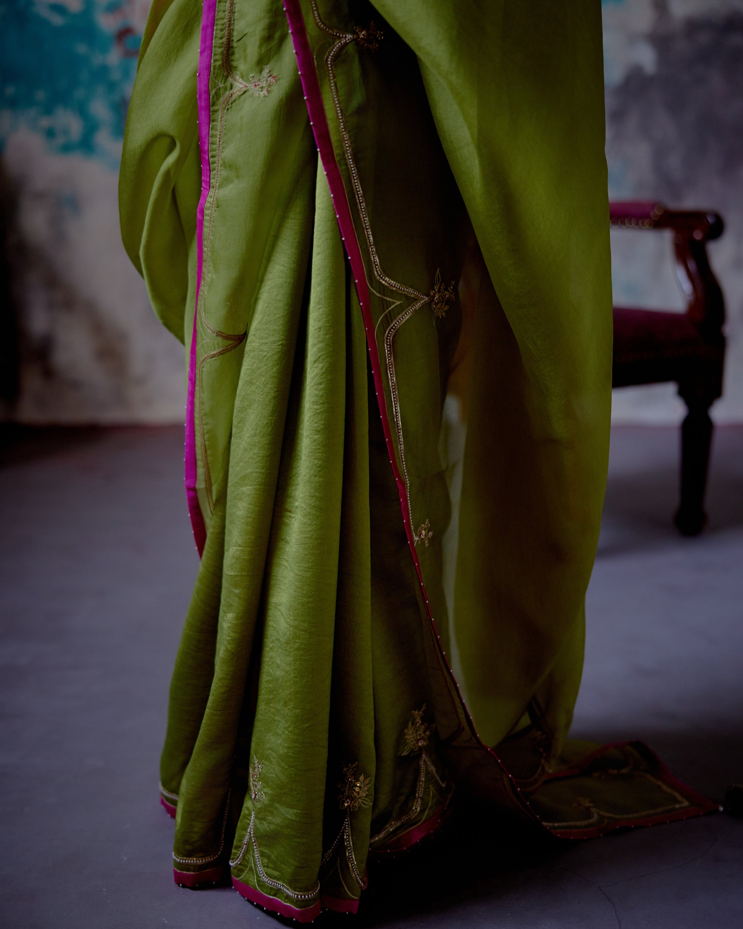 Olive Half N Half Sari With Long Blouse