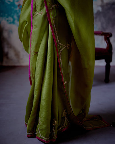 Olive Half N Half Sari With Long Blouse