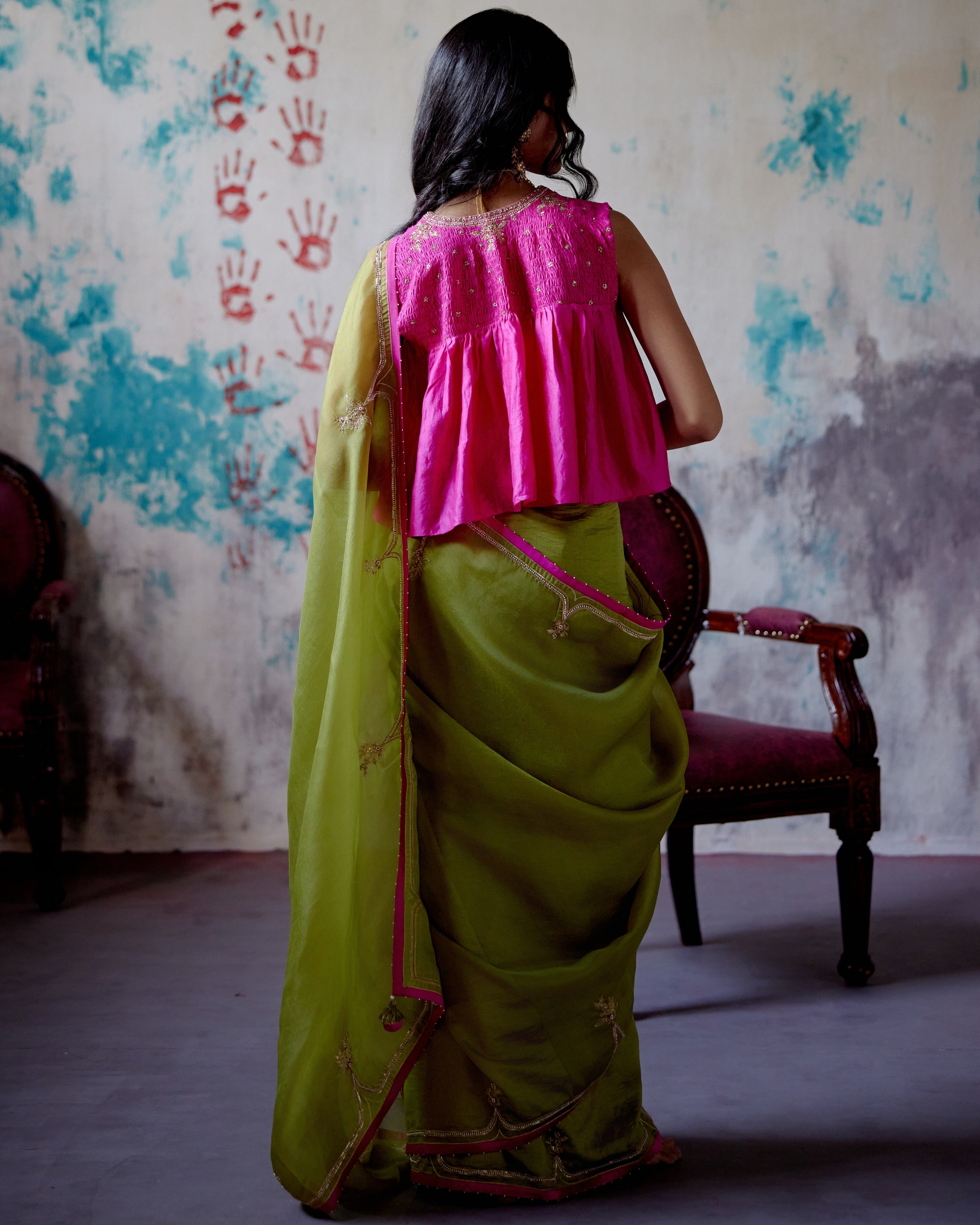 Olive Half N Half Sari With Long Blouse