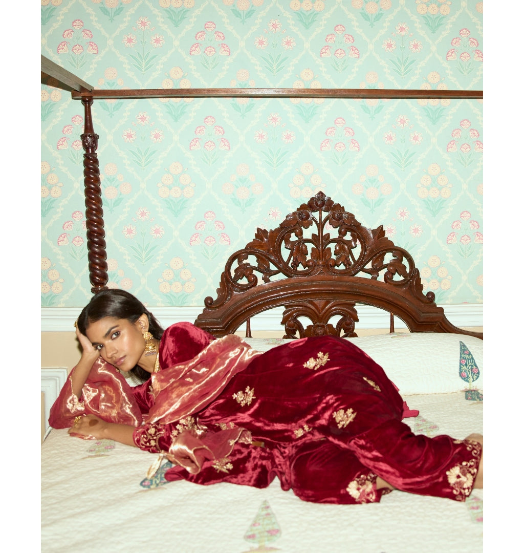 Maroon Embroidered Velvet Short Kalidar Kurta Set