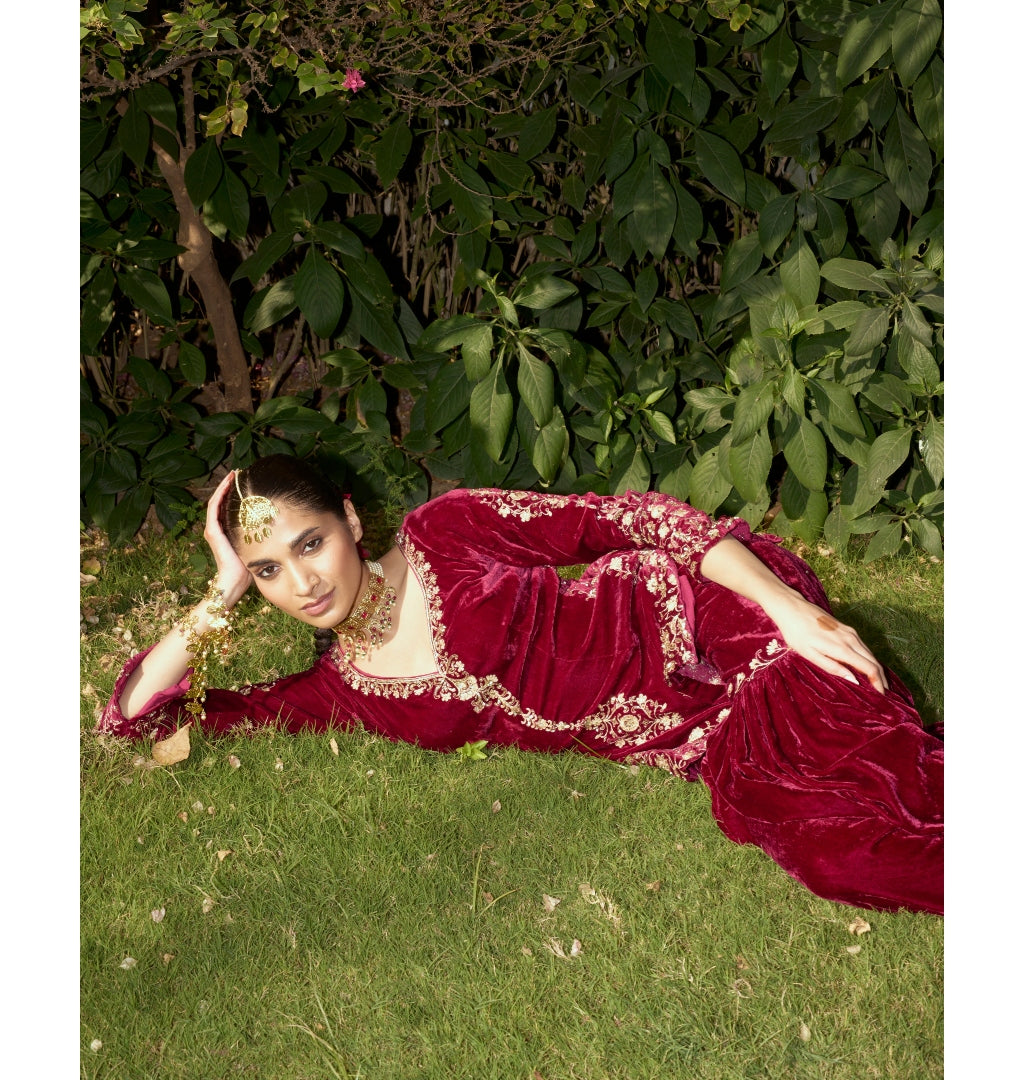 Wine Embroidered Velvet Gharara Set