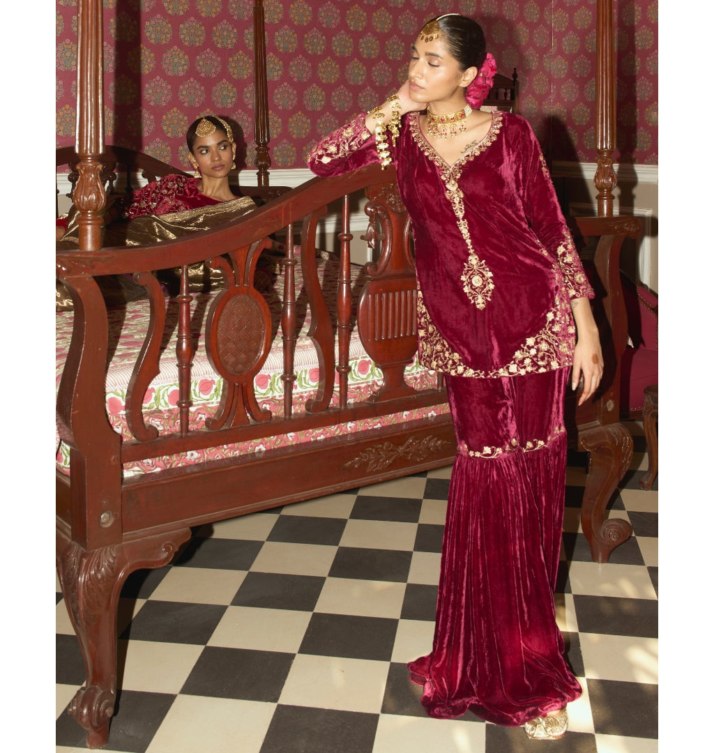 Wine Embroidered Velvet Gharara Set