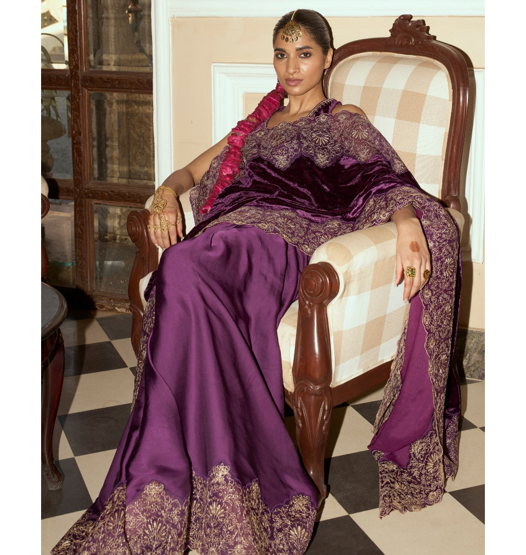 Deep Purple Embroidered Velvet Sari Set