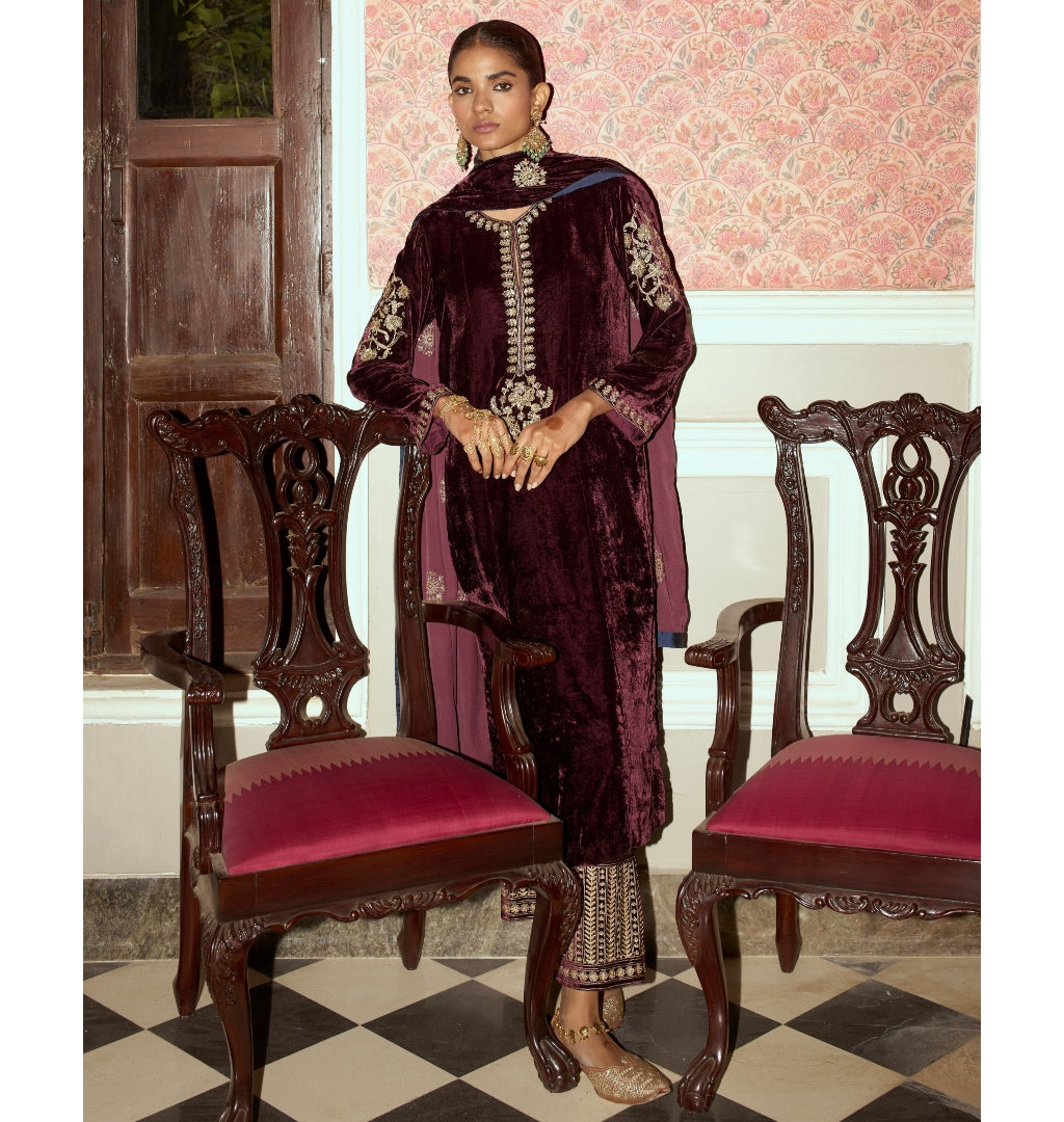 Wine Embroidered Velvet Kurta Set