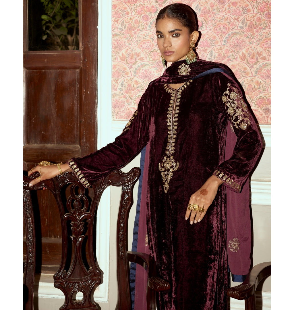 Wine Embroidered Velvet Kurta Set