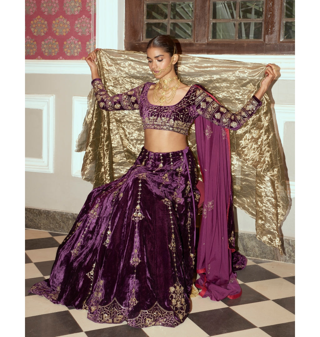 Deep Purple Embroidered Velvet Lehenga Set