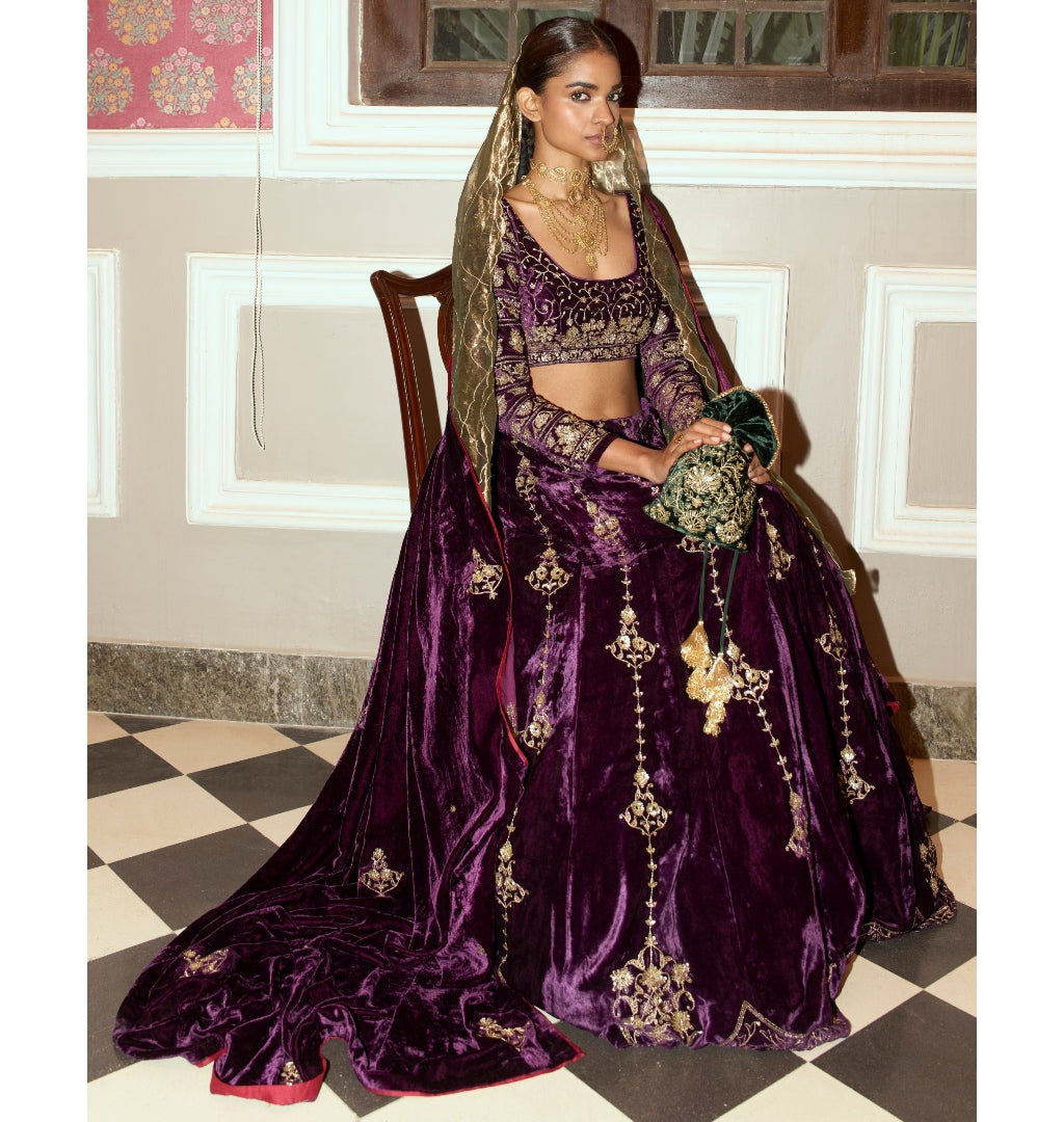 Deep Purple Embroidered Velvet Lehenga Set