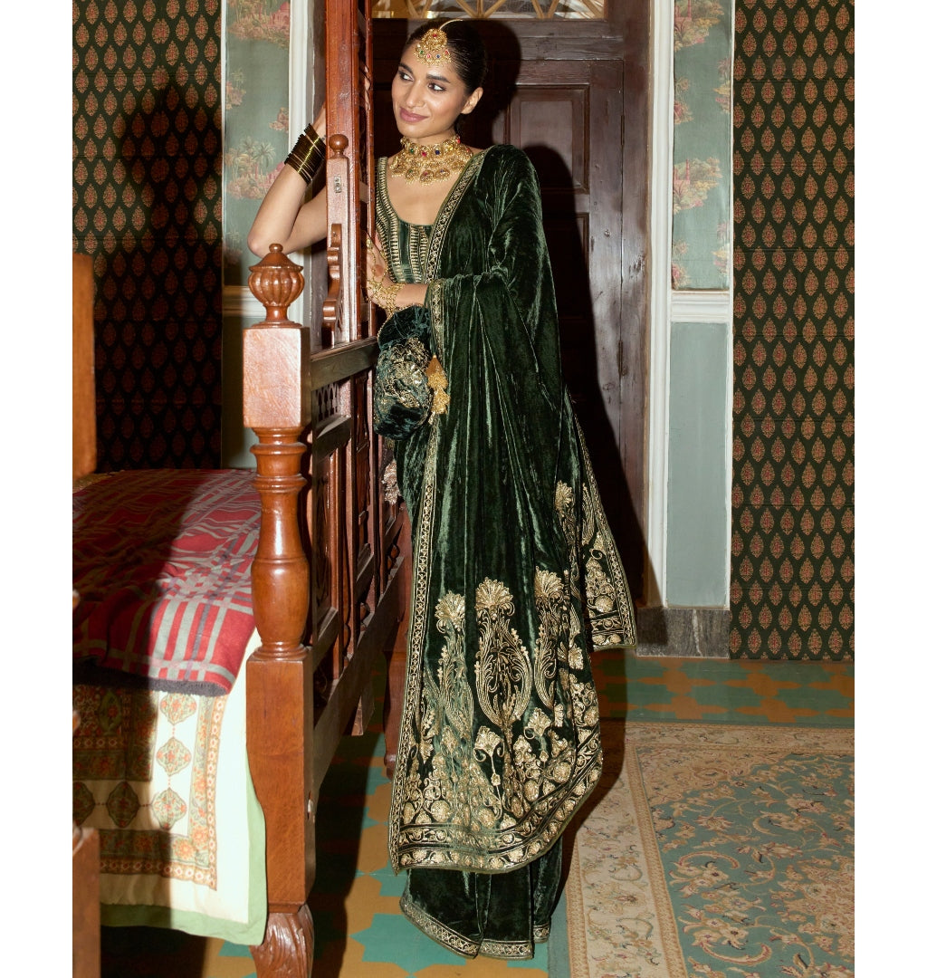 Emerald Green Embroidered Velvet Saree Set