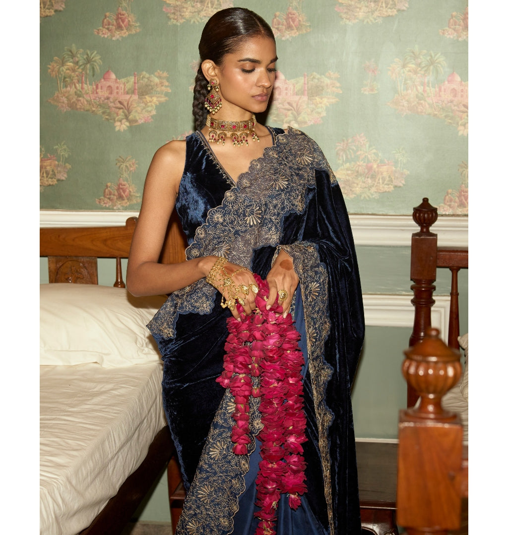 Navy Blue Embroidered Velvet Saree Set