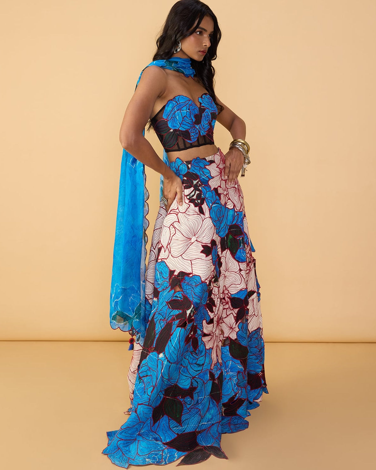 Starla Corset Blouse & Sachi Lehenga Skirt With Scallop Dupatta