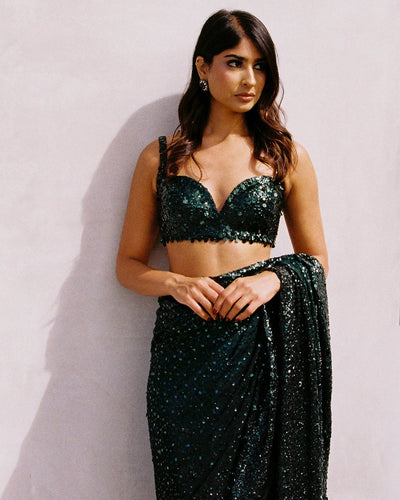 Emerald Green Ombre Sequin Georgette Sari