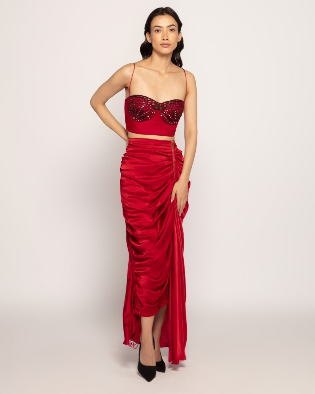 Embroidered Bustier With Draped Asymmetric Skirt Set