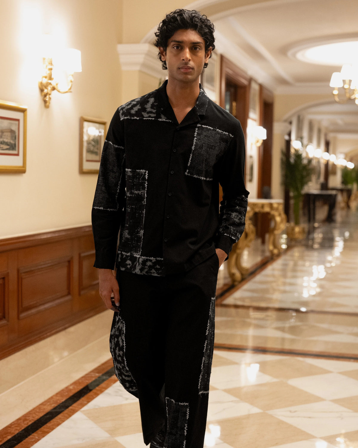 Black Patchwork Linen Shirt & Pants