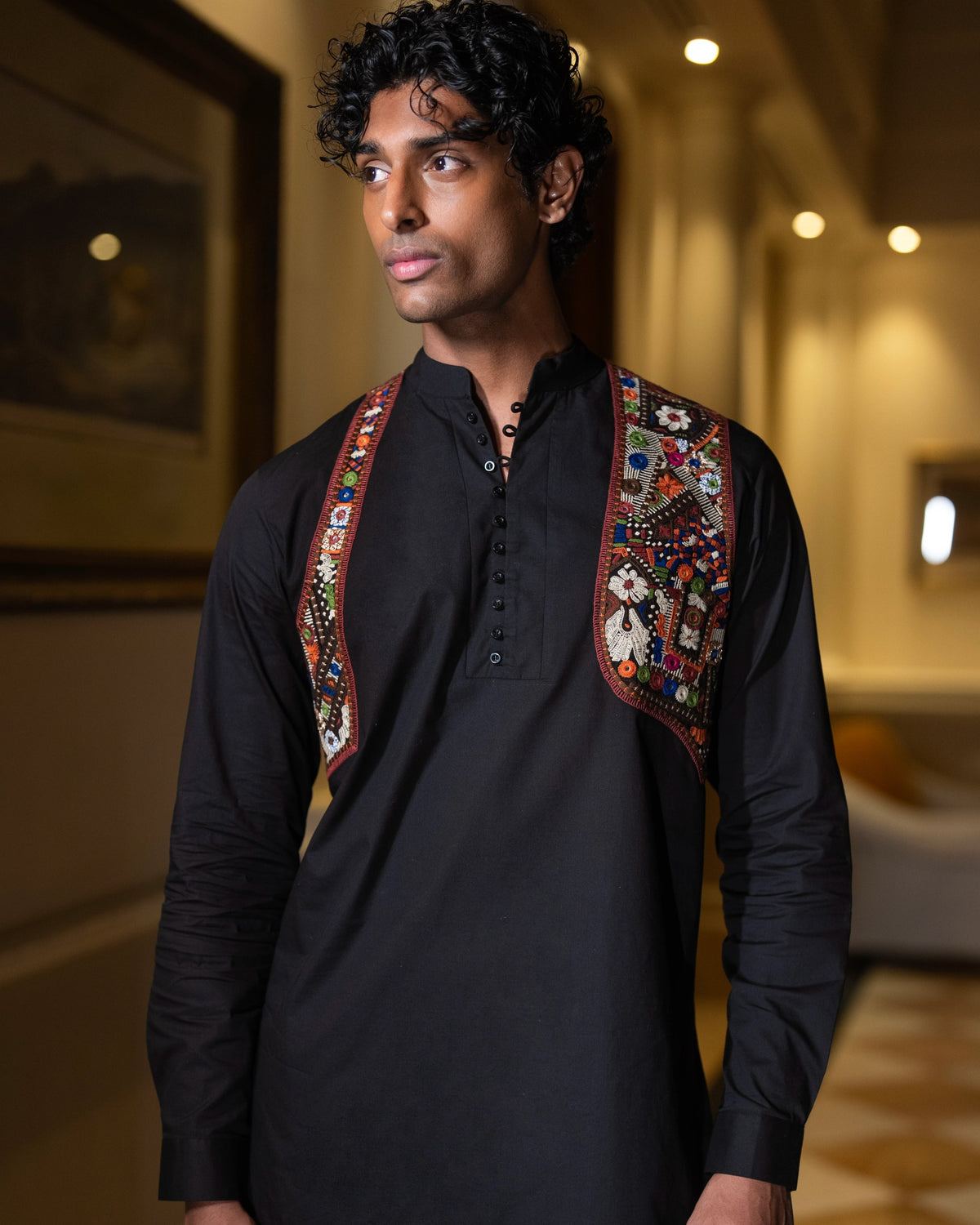Black Embroidered Harness Kurta Set
