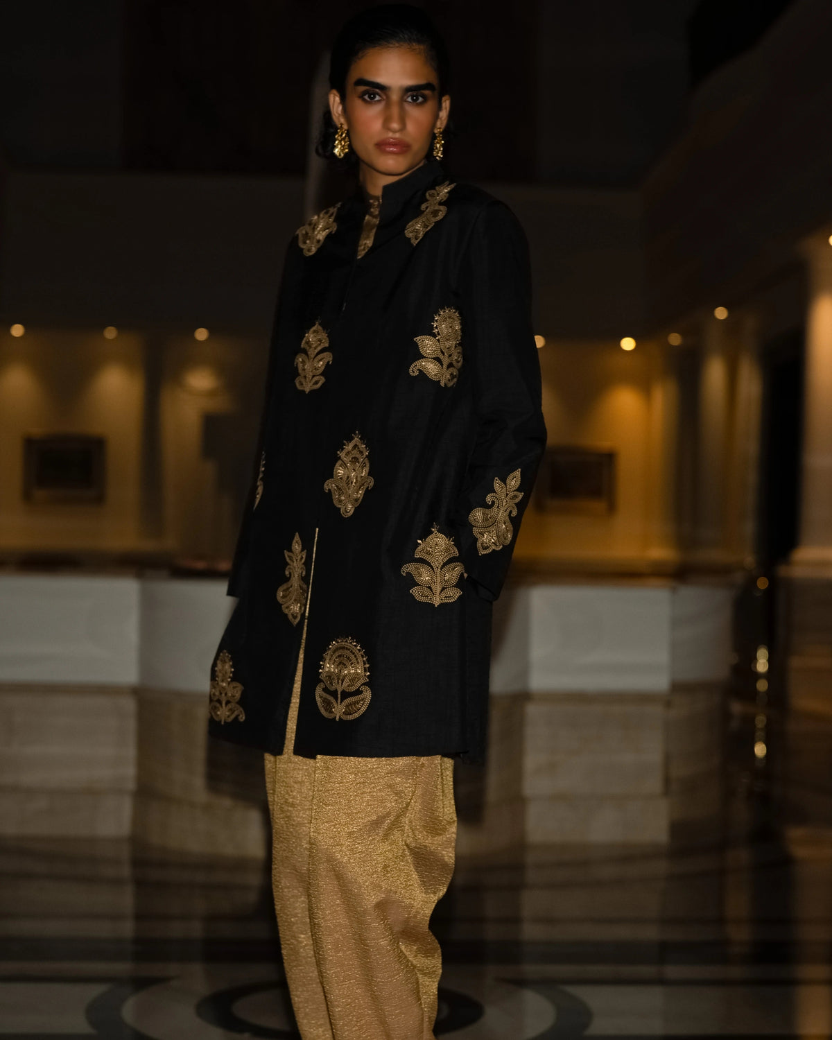 Black Gold Embroidered Jacket Set