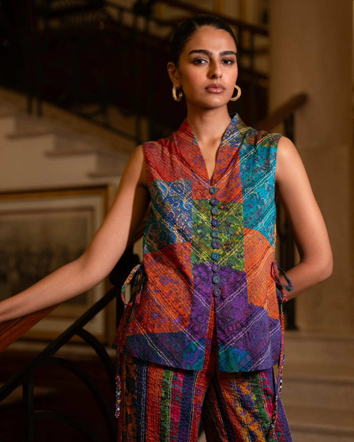 Multicolour Kantha Waistcoat Pant Set