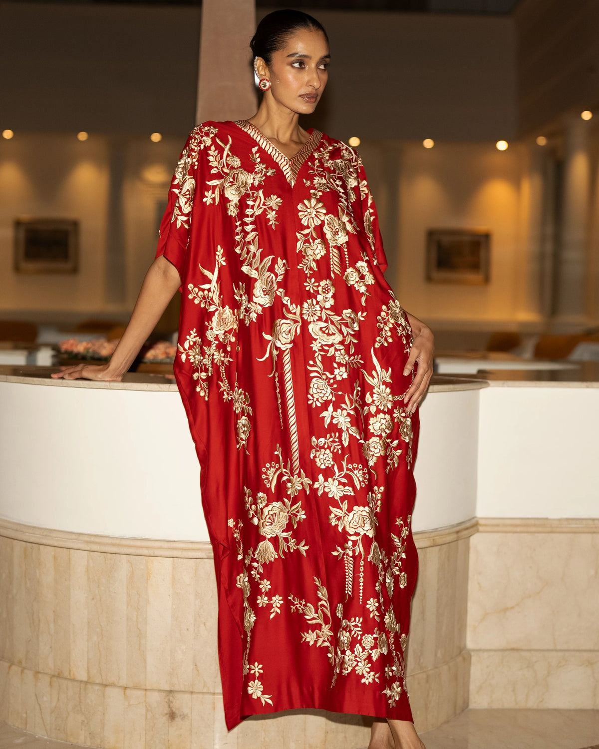 Red Gara Embroidered Kaftan Dress