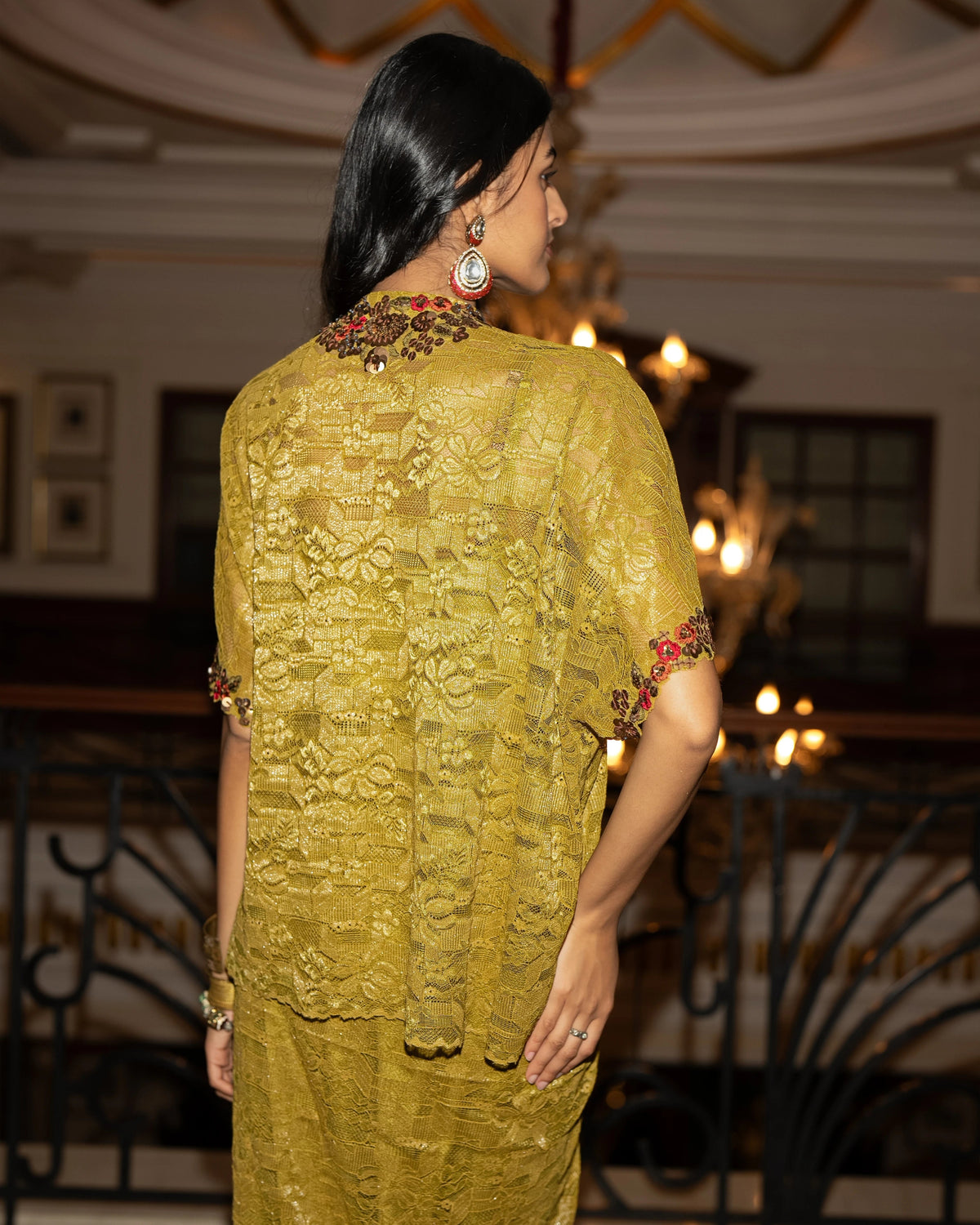 Olive Gold Lace Skirt Set