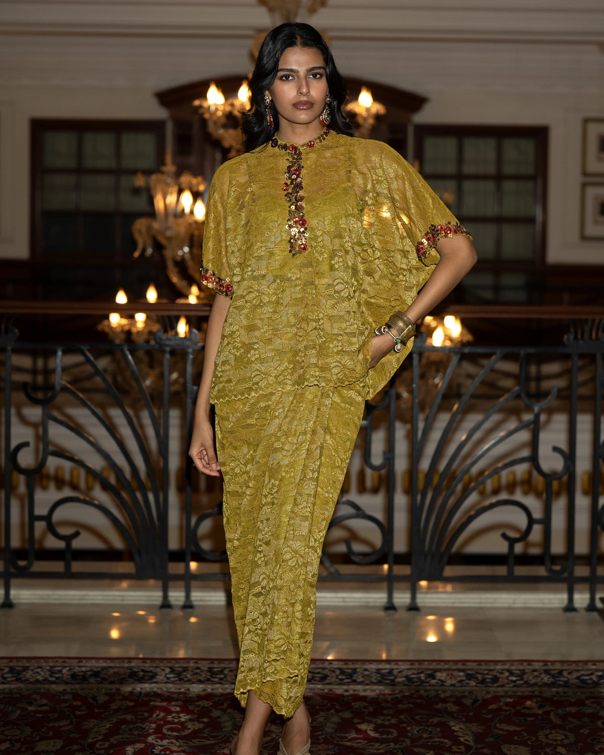 Olive Gold Lace Skirt Set