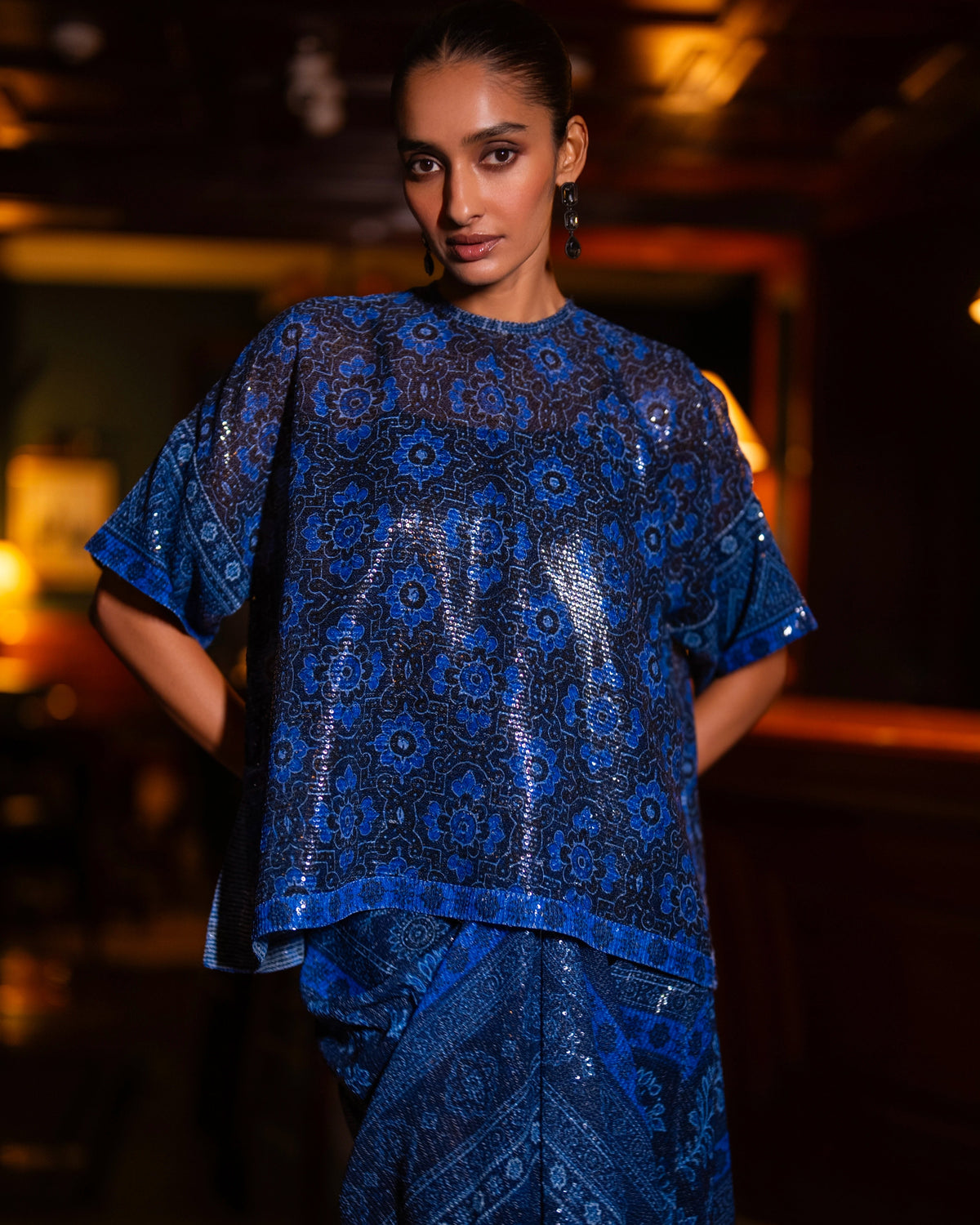 Blue Sequin Drape Skirt Set