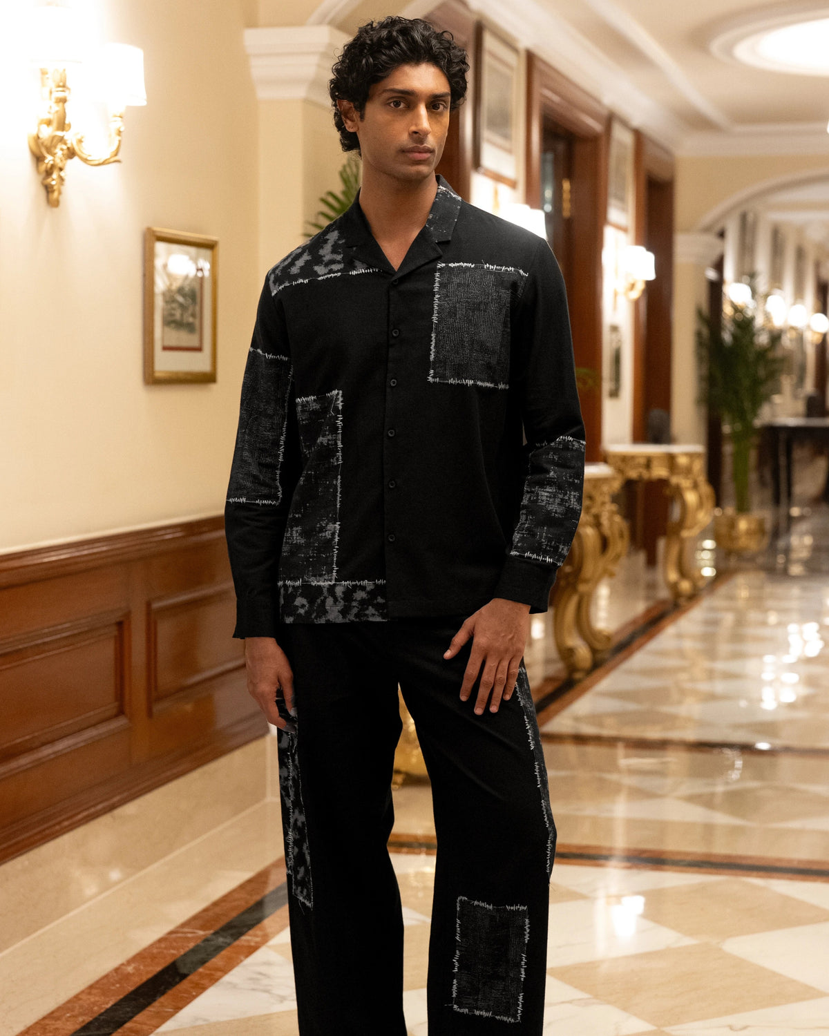 Black Patchwork Linen Shirt & Pants