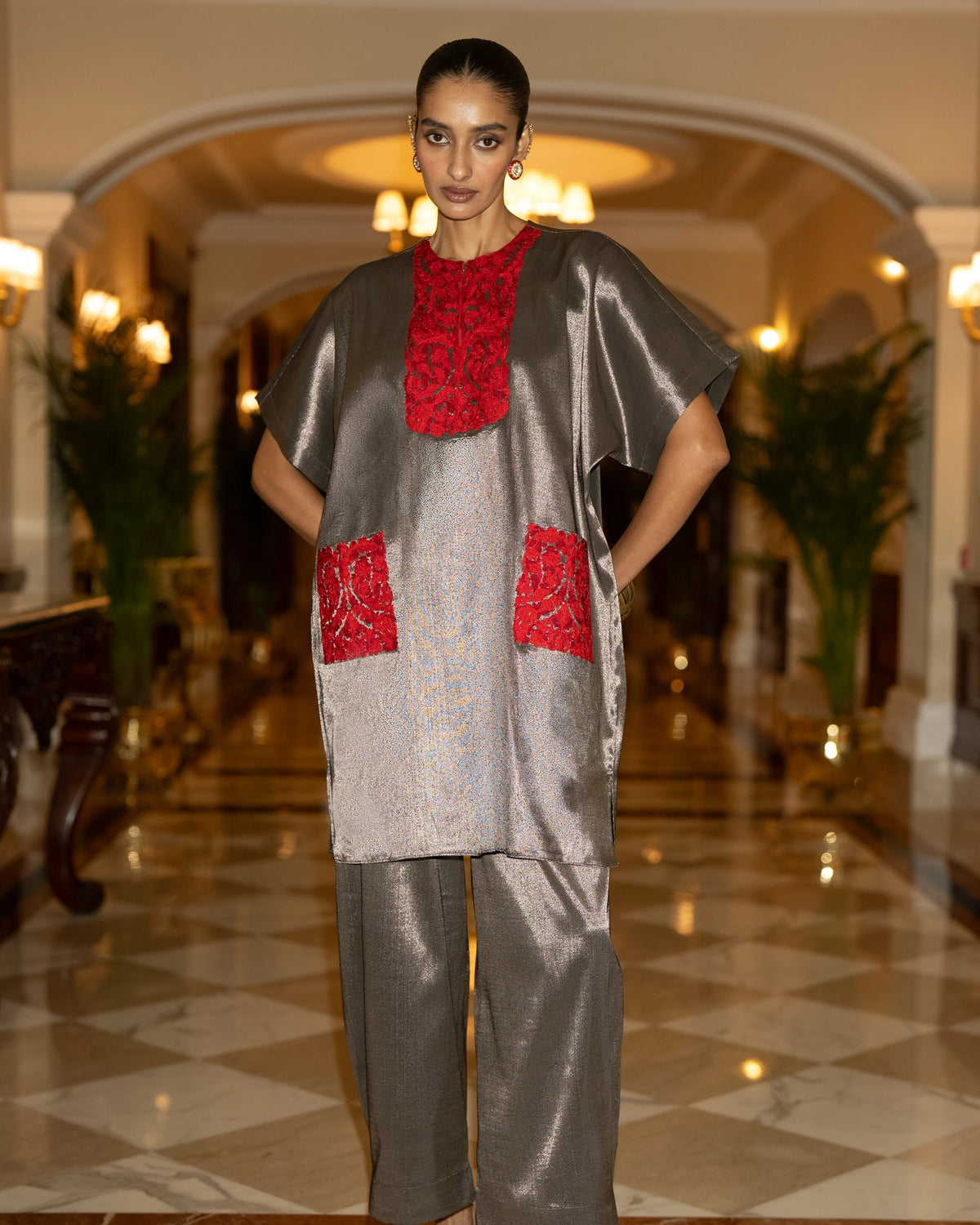 Pewter Embroidered Tissue Pant Set