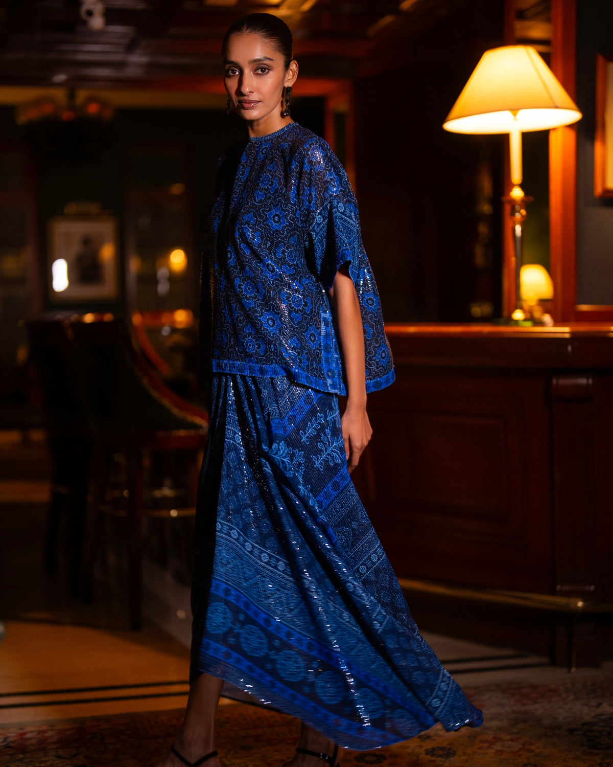 Blue Sequin Drape Skirt Set