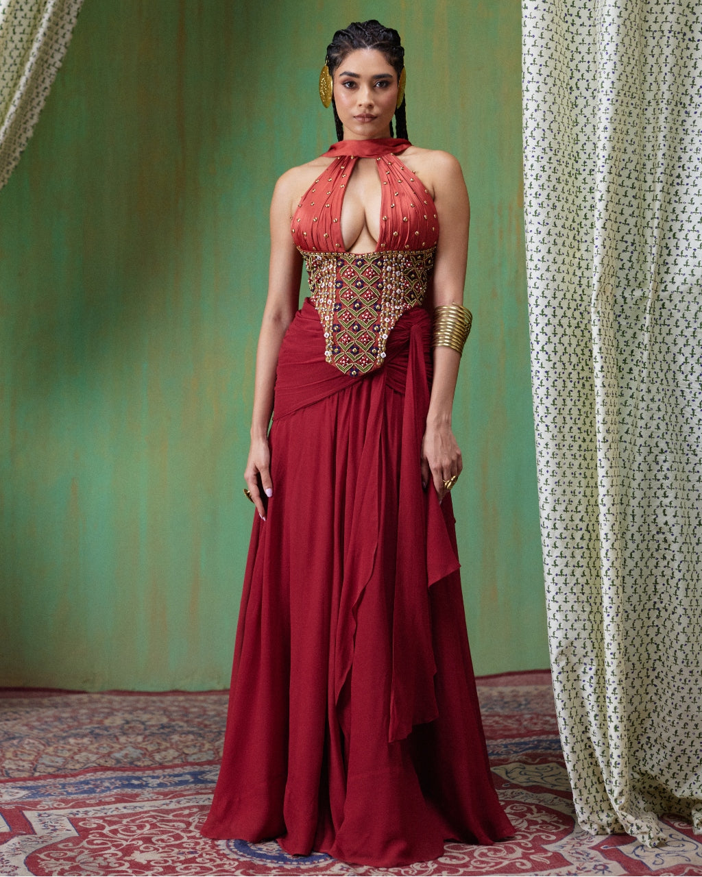 Tara Rust Red Embroidered Skirt Set