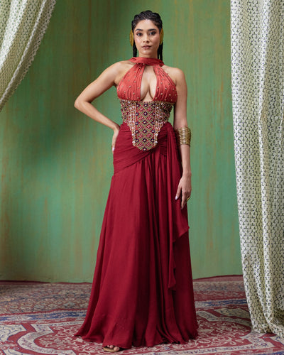 Tara Rust Red Embroidered Skirt Set