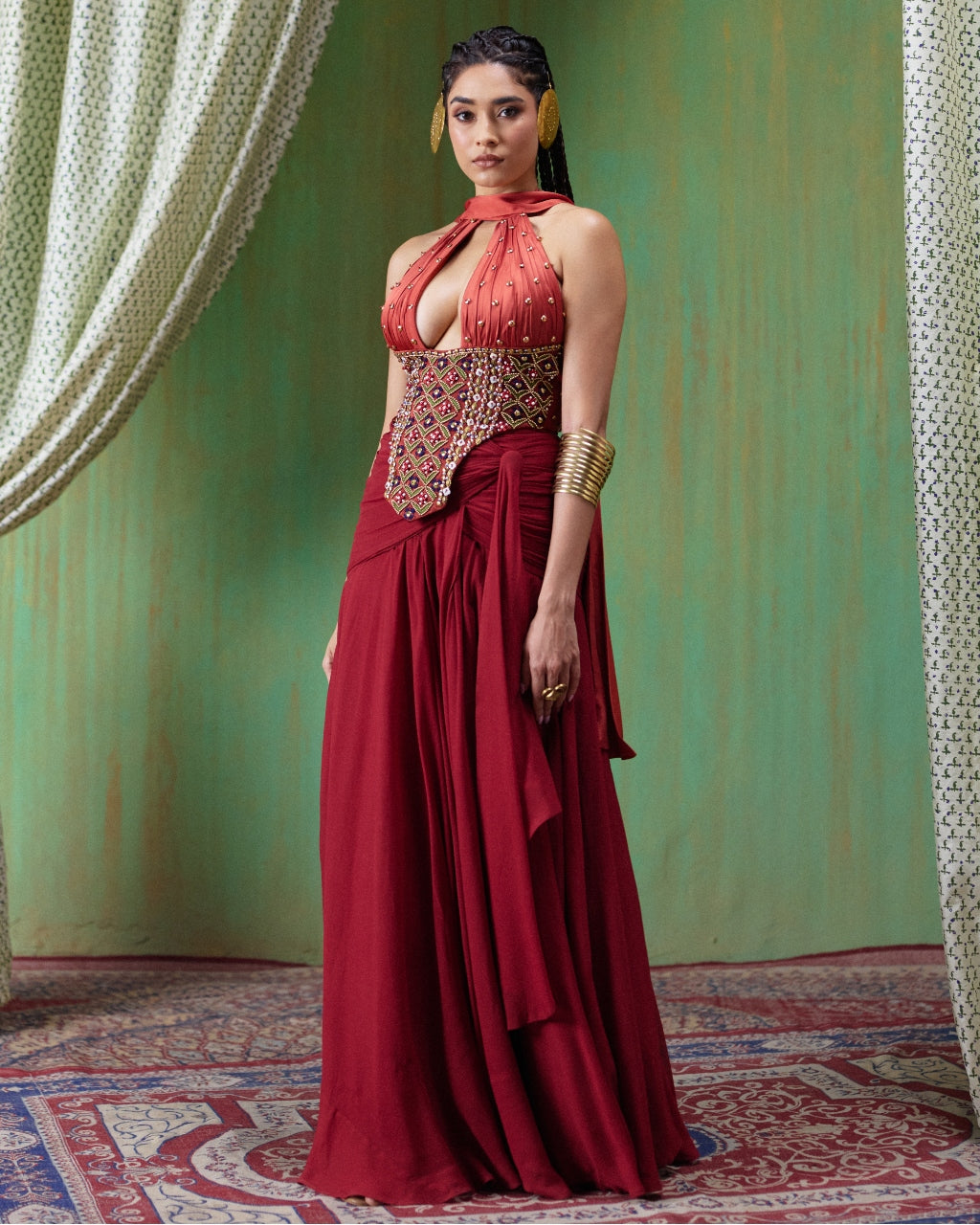 Tara Rust Red Embroidered Skirt Set