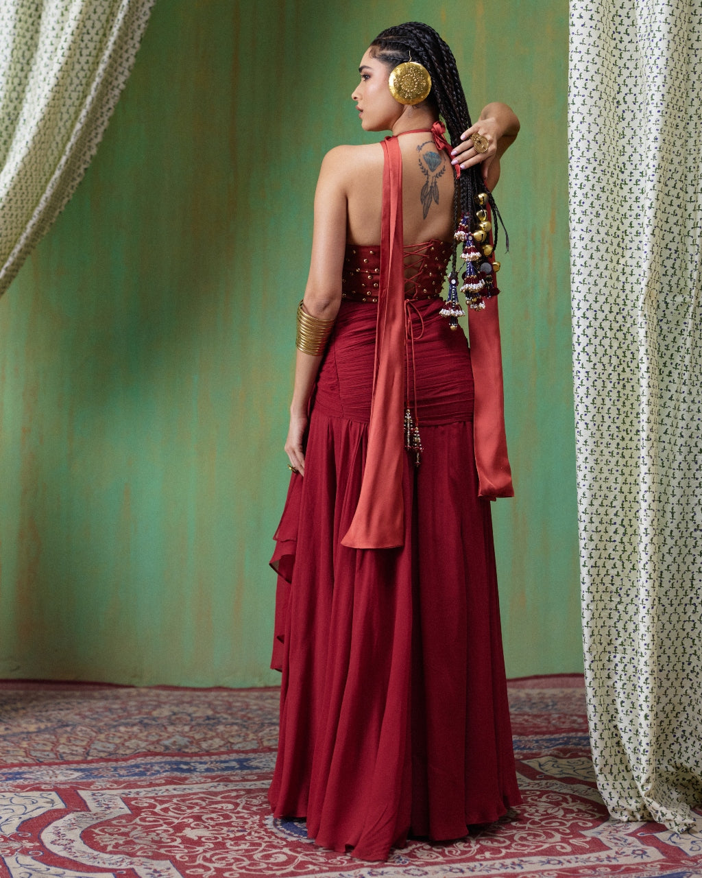 Tara Rust Red Embroidered Skirt Set