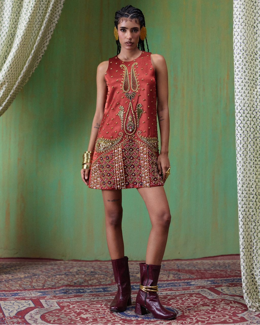 Shararat Rust Red Embroidered Mini Dress